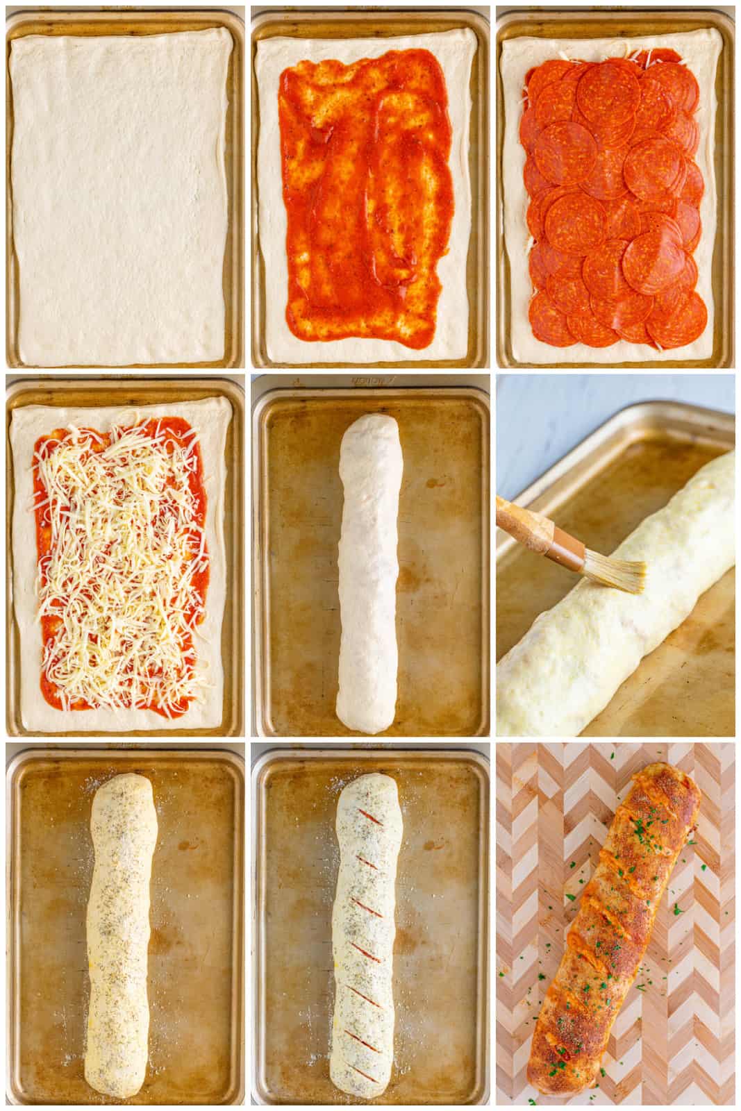 Step by step photos on how to make Pepperoni Stromboli.