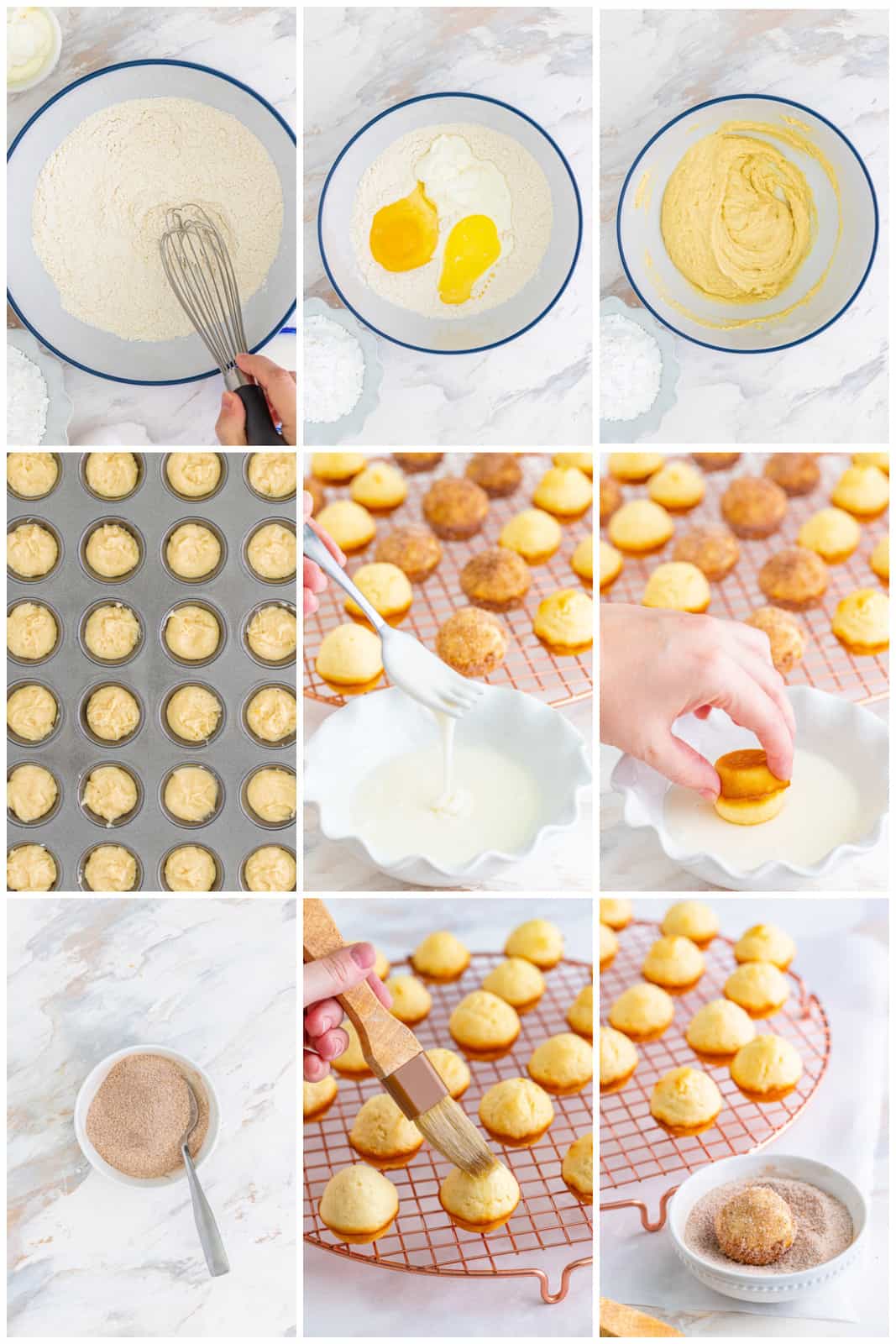 Step by step photos on how to make Baked Donut Holes.