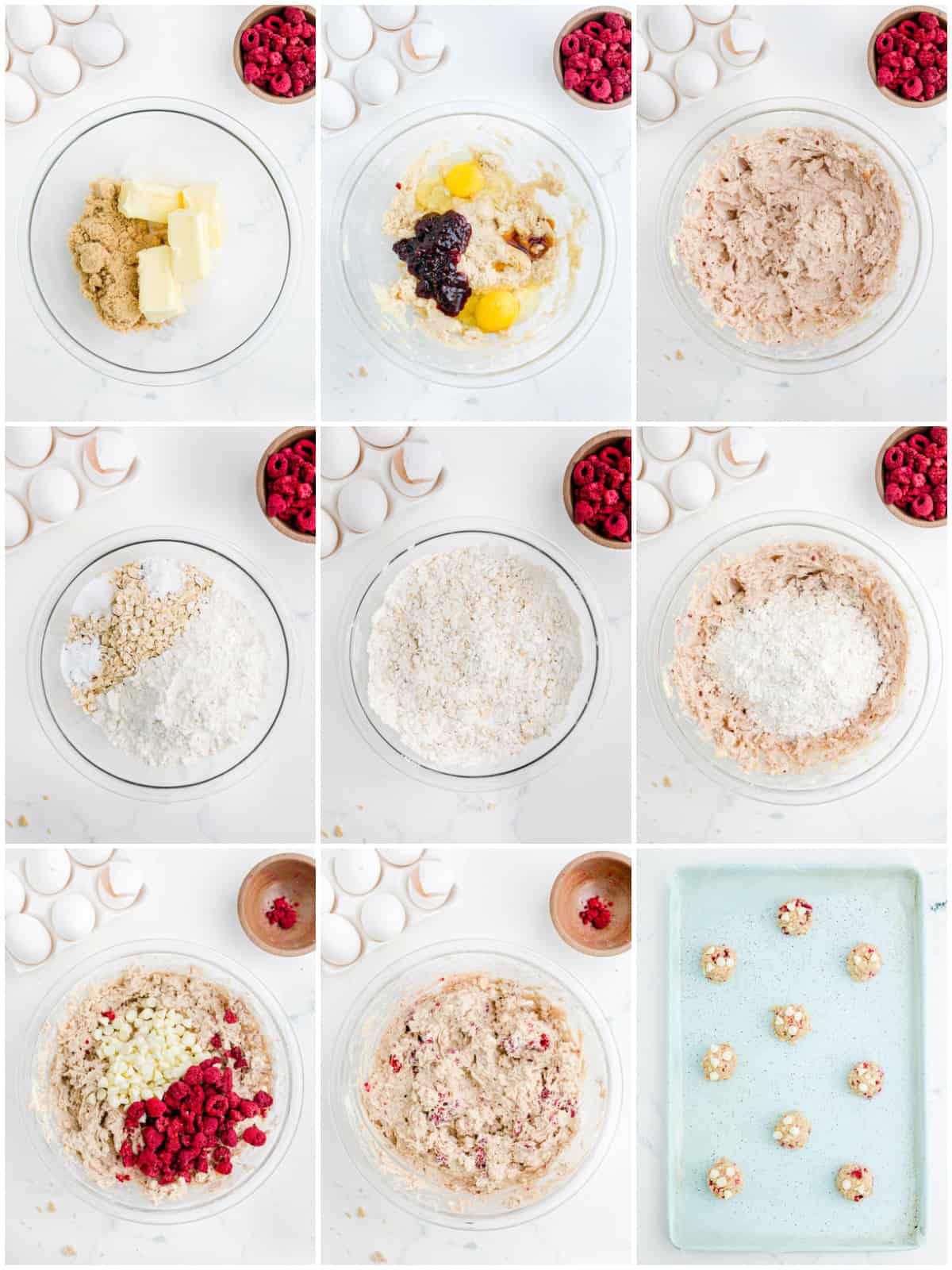 Step by step photos on how to make Oatmeal Raspberry White Chocolate Cookies.