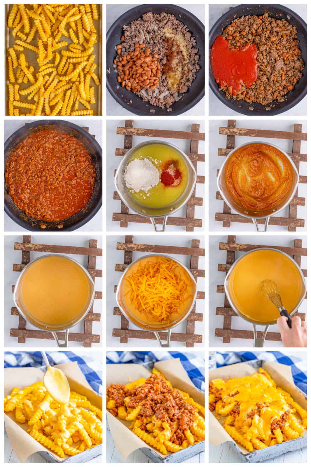 Step by step photos on how to make Chili Cheese Fries.