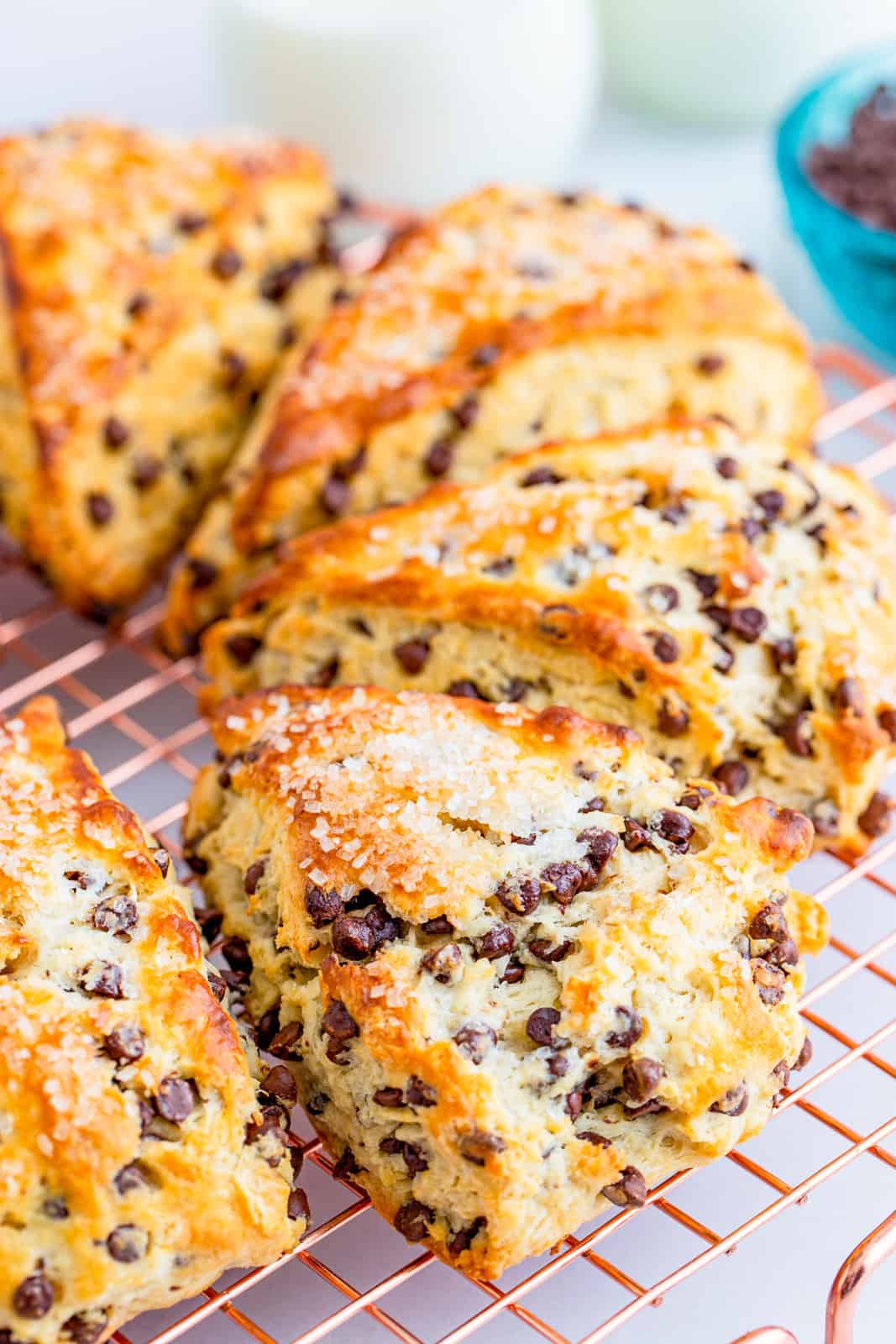 Chocolate Chip Scones on wire rack.