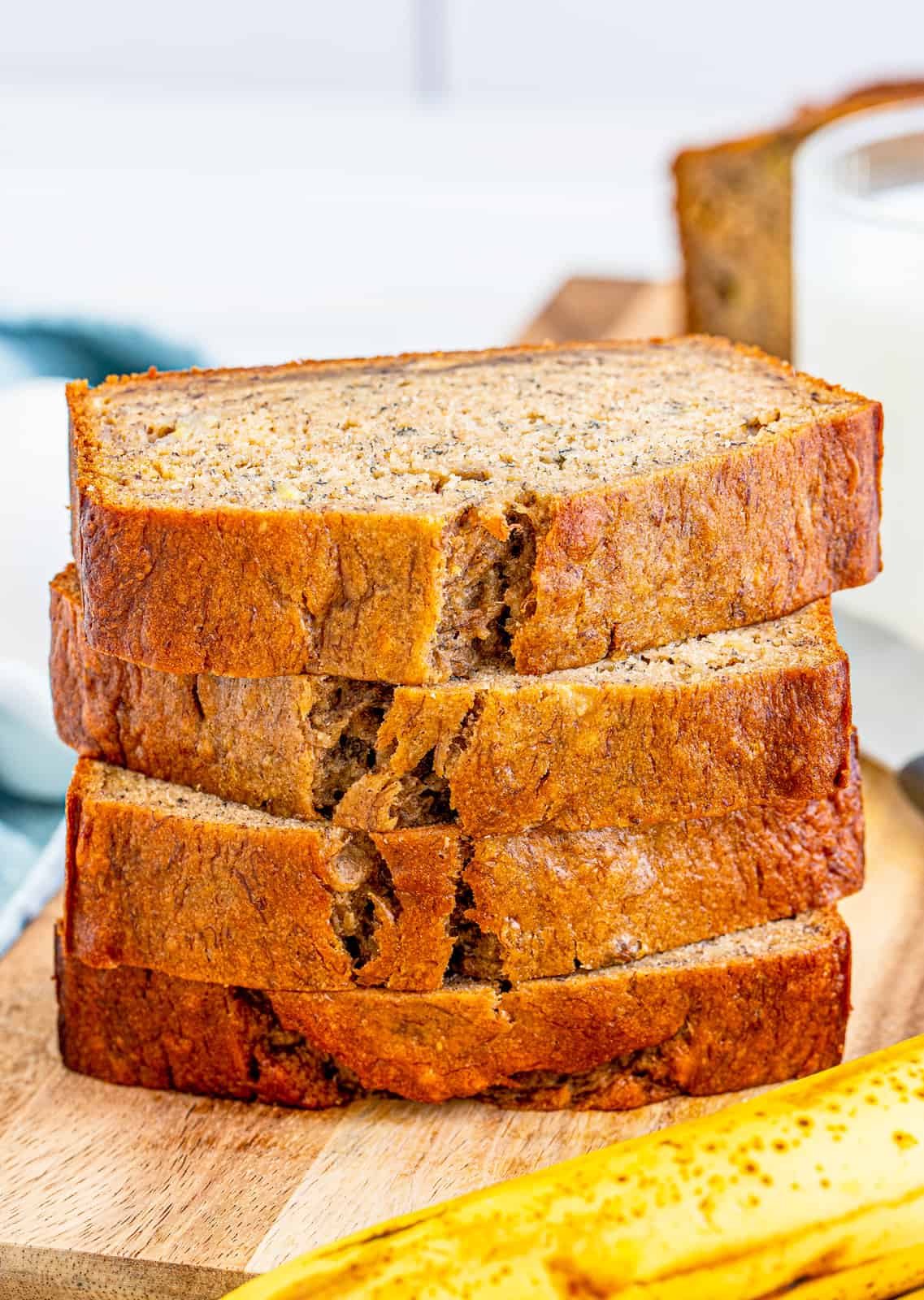 Stacked slices of Easy Banana Bread.