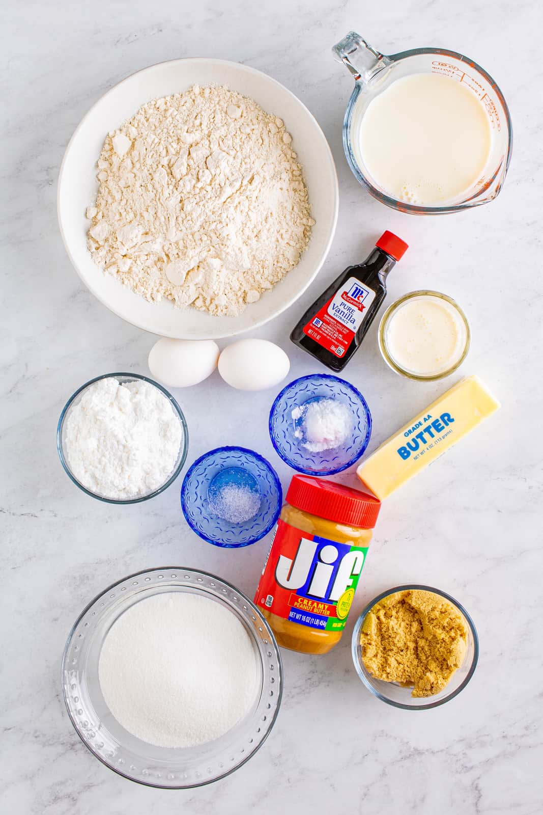 Ingredients needed to make a Peanut Butter Cake.