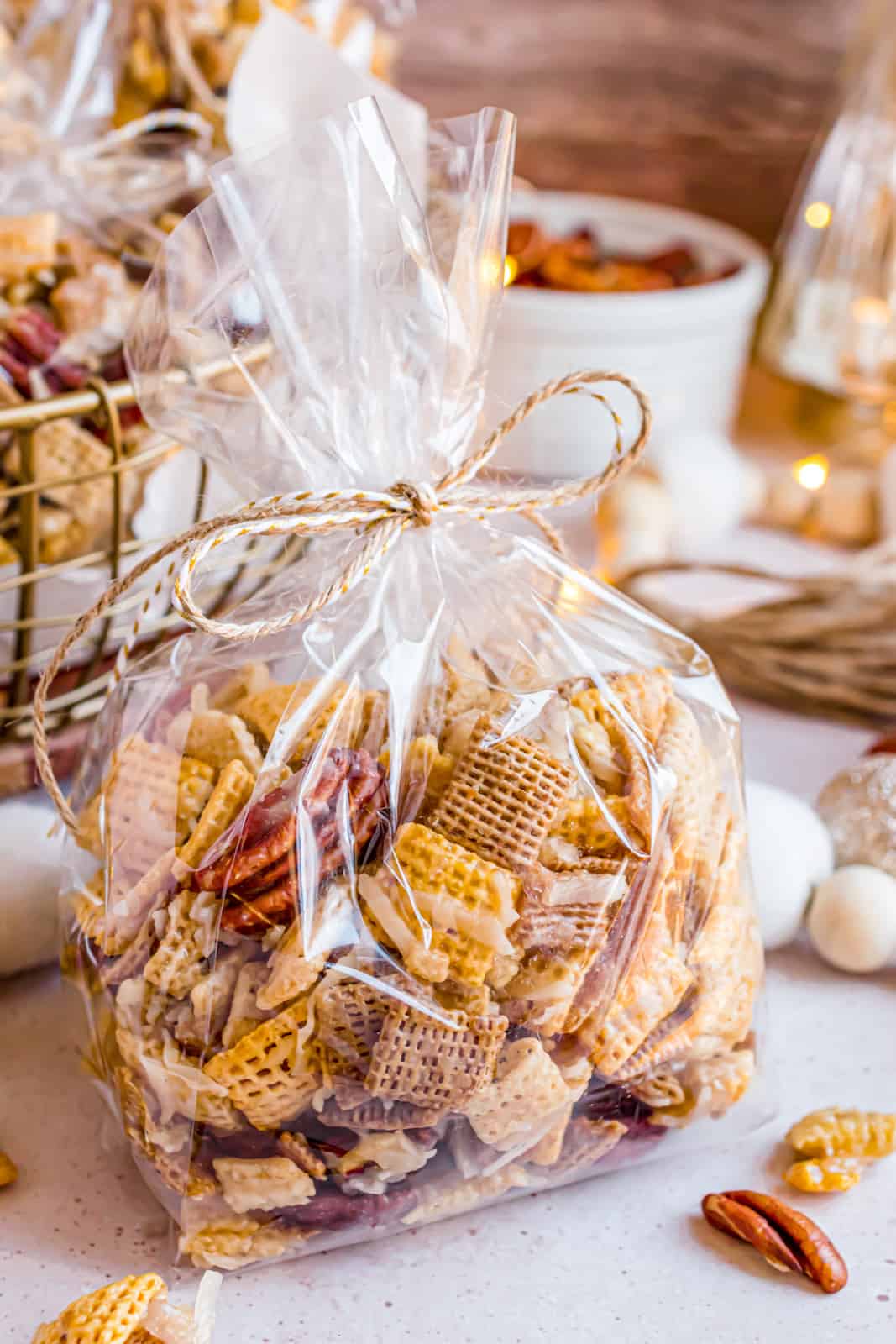 Bagged up Sweet Holiday Chex Mix for gift giving.