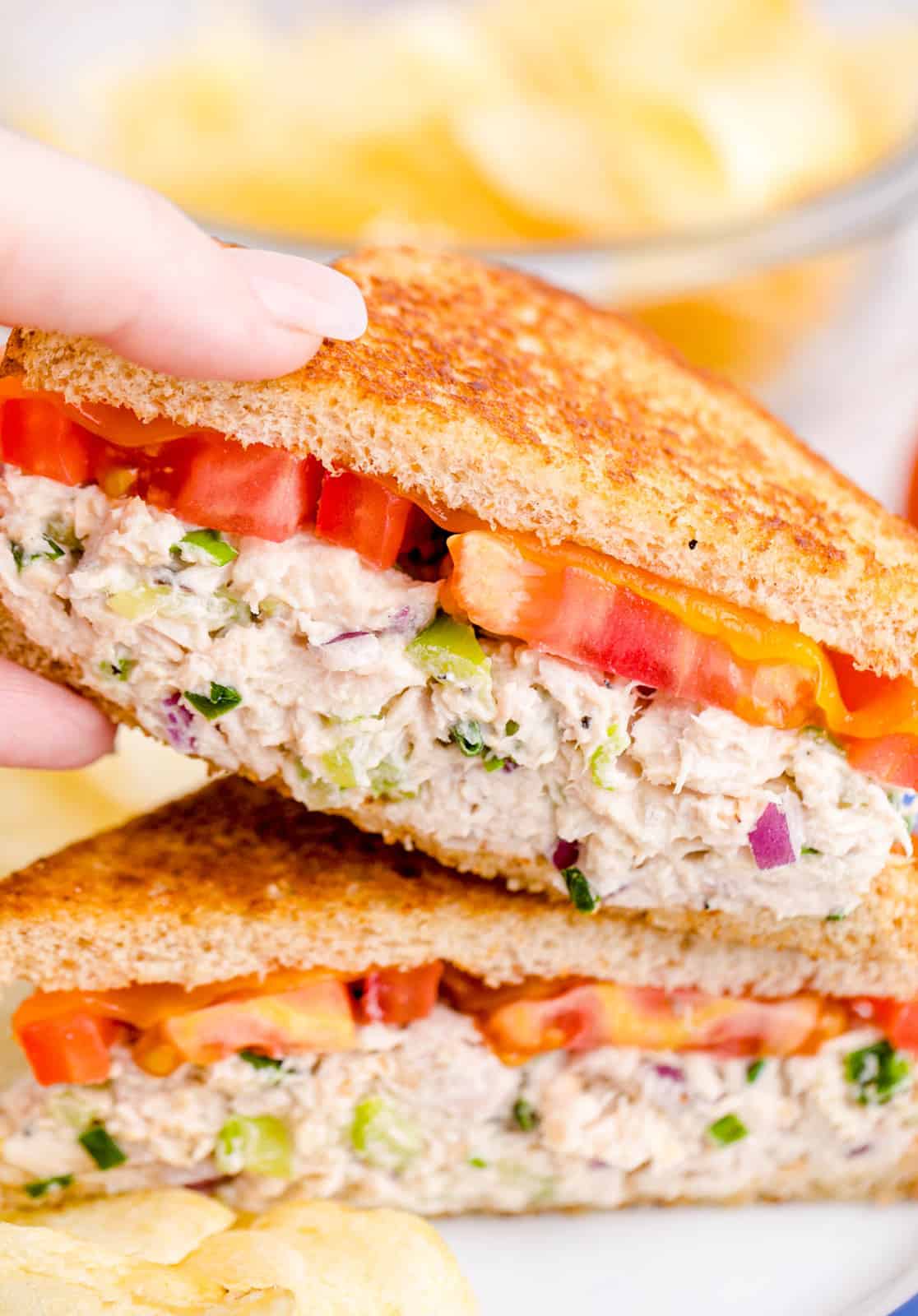 Hand placing one side of the Tuna Melt Recipe on top of other slice of sandwich.