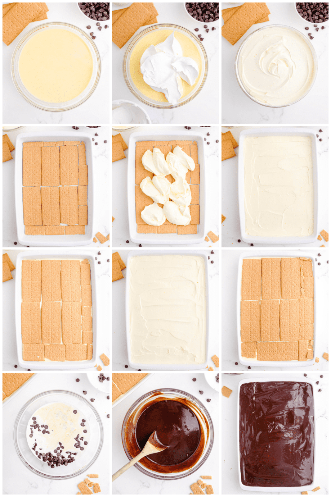 Step by step photos on how to make an Eclair Cake.