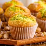 Square image close up of one Pistachio Muffin.