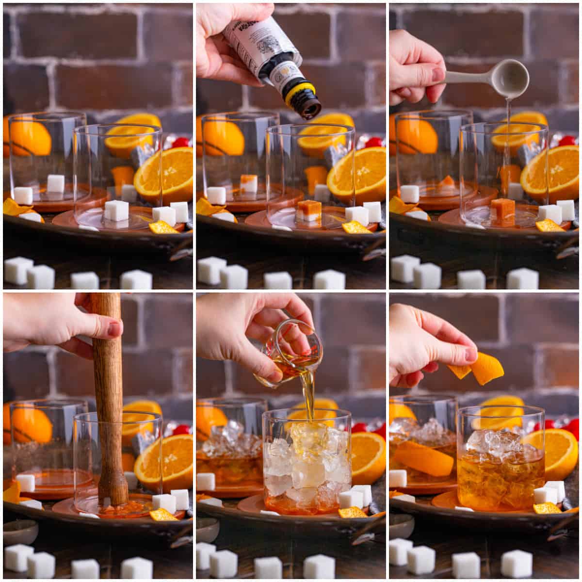 Step by step photos on how to make an Old Fashioned Cocktail.