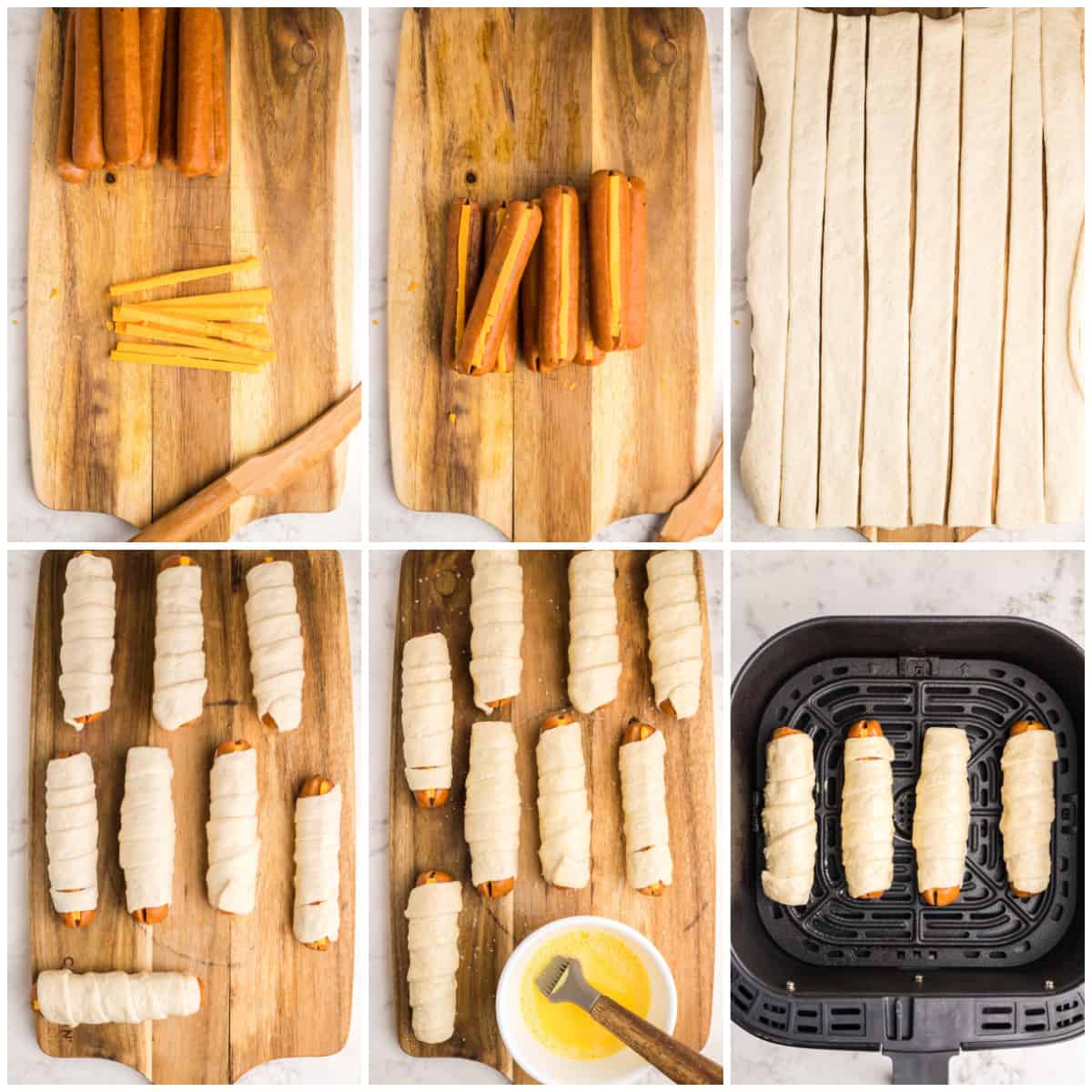 Step by step Photos on how to make Air Fryer Pretzel Dogs.