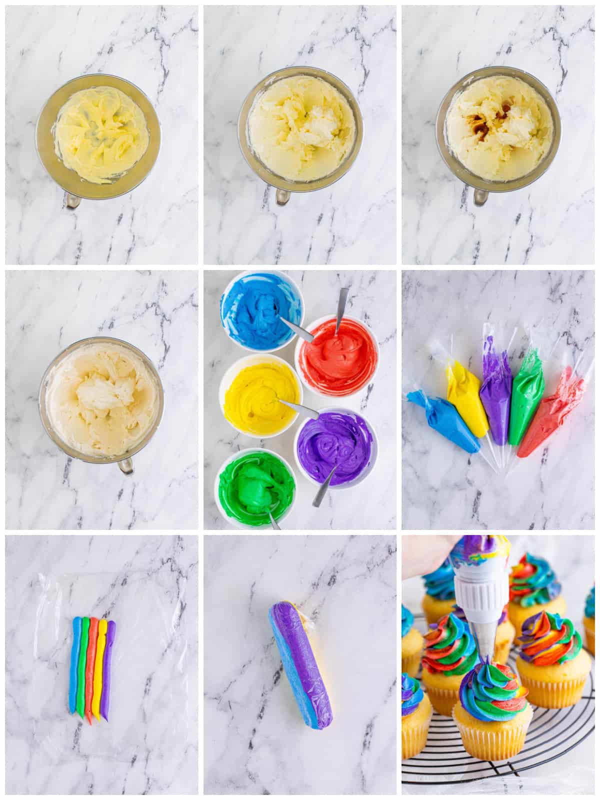 Step by step photos on how to make Rainbow Frosting.