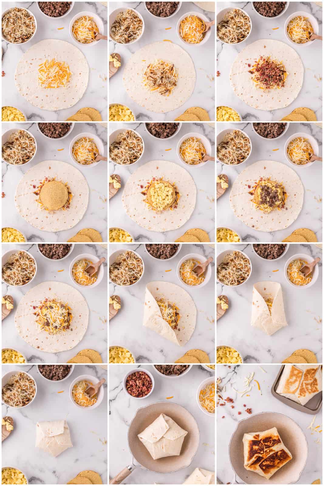 Step by step photos on how to make a Breakfast Crunchwrap.