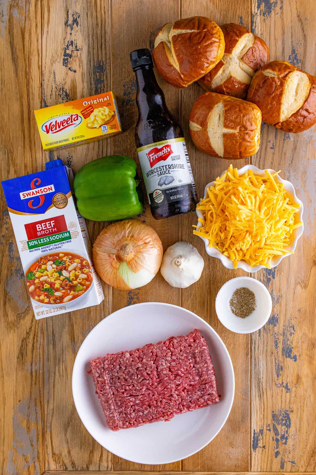 Ingredients needed to make Cheesy Sloppy Joes.