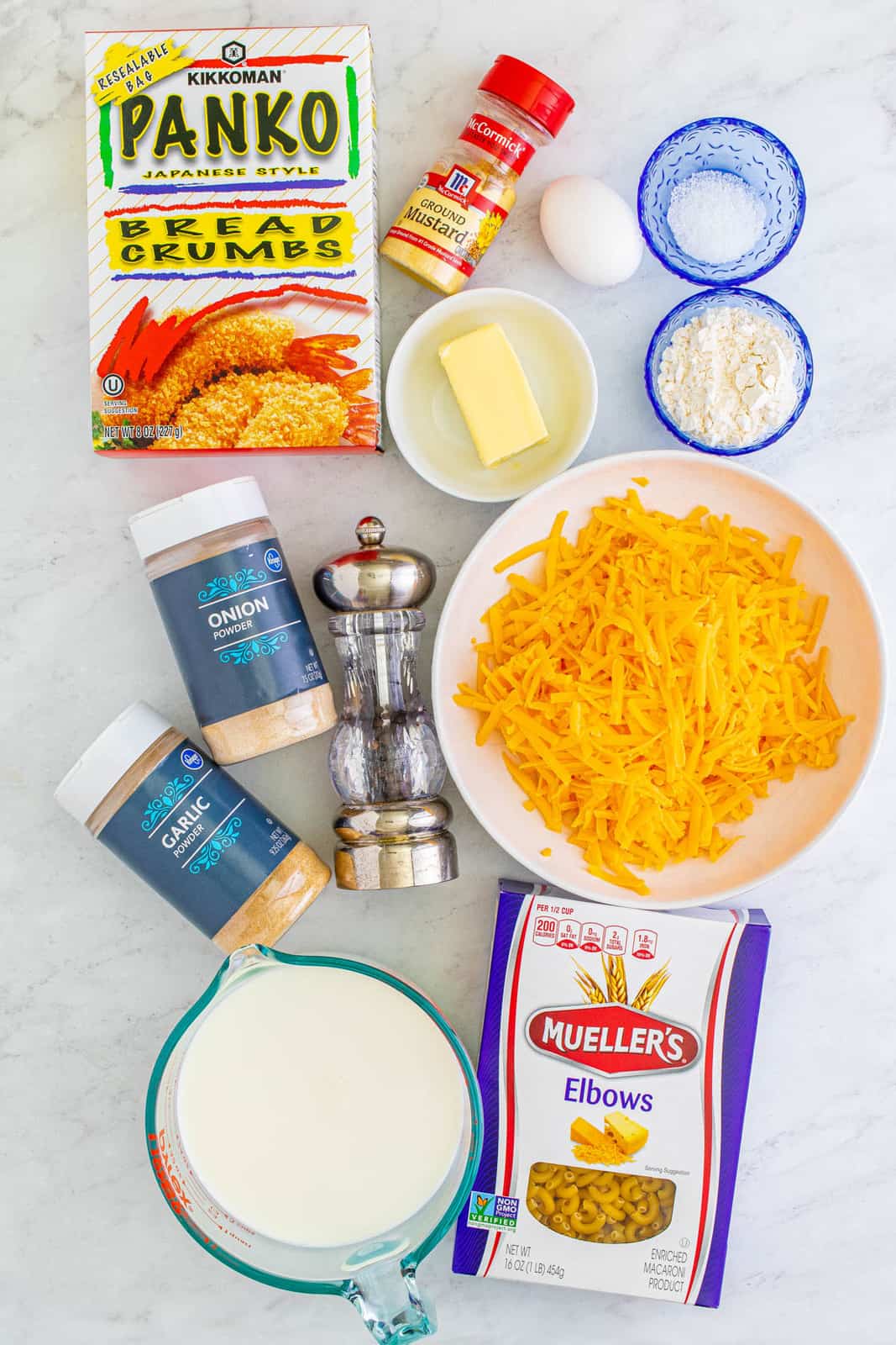 Ingredients needed to make Fried Mac and Cheese Balls.