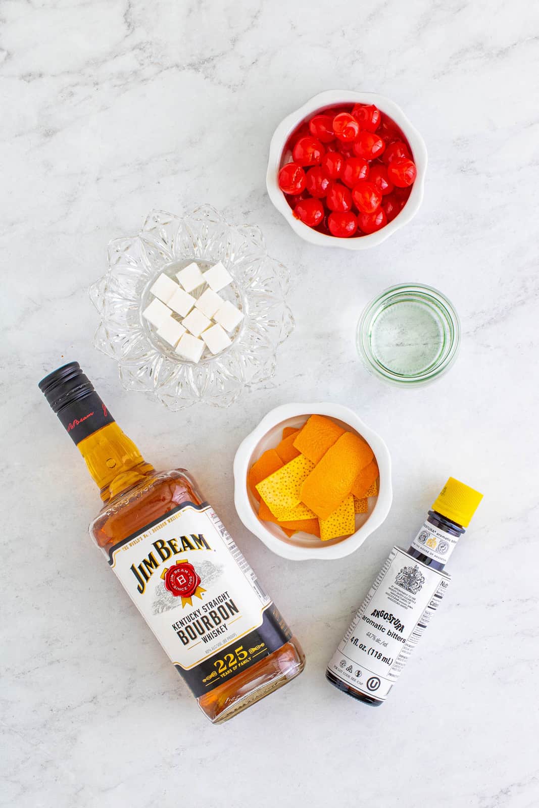 Ingredients needed to make an Old Fashioned Cocktail.