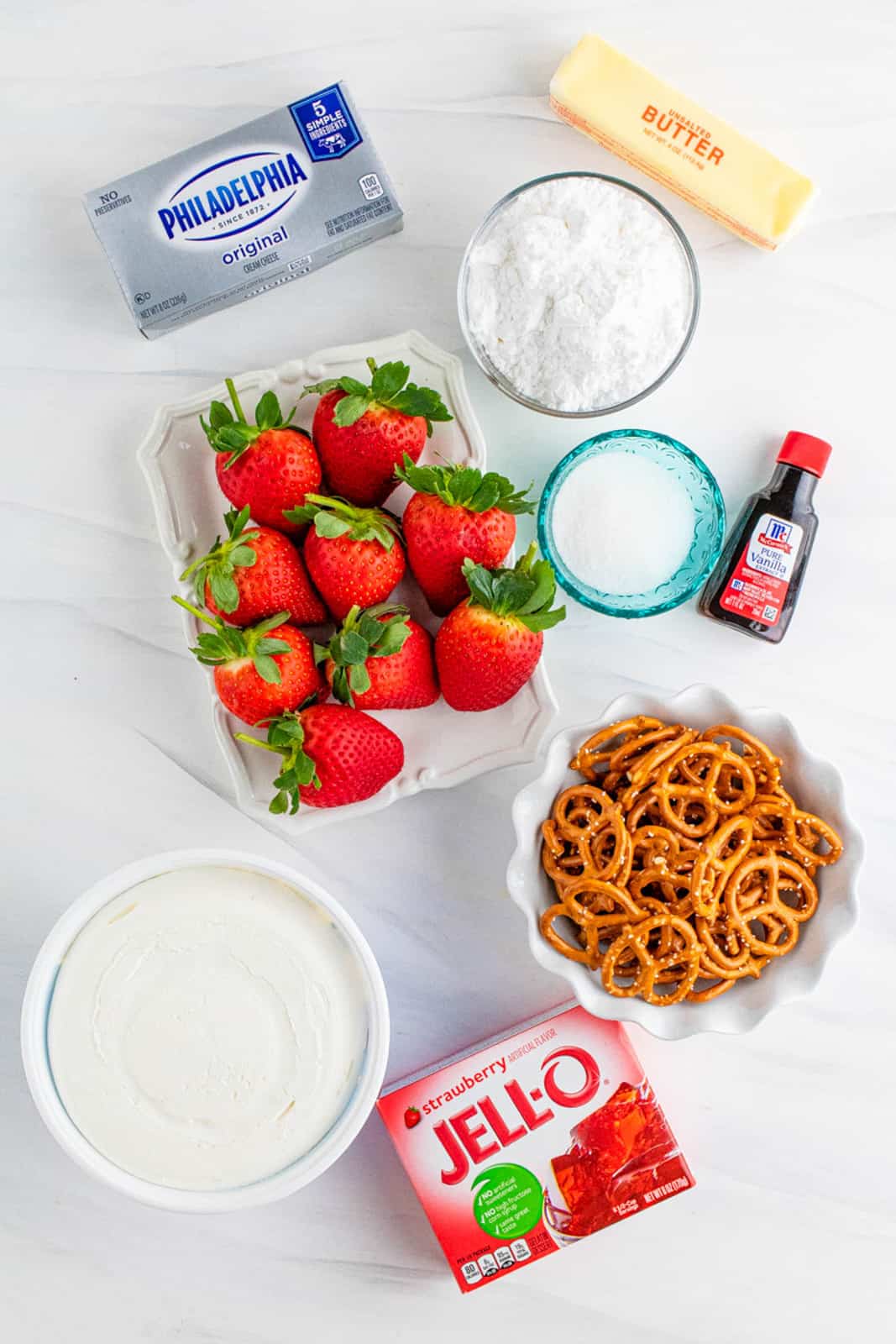 Ingredients needed to make Strawberry Pretzel Salad.