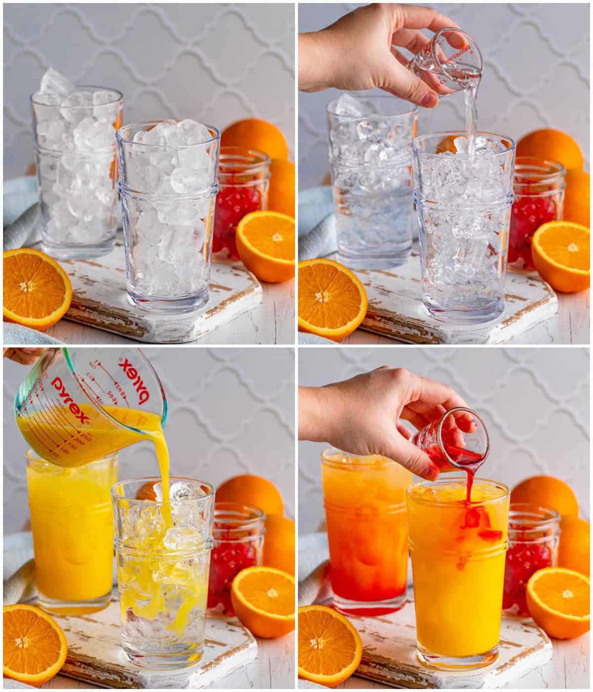 Step by step photos on how to make a Tequila Sunrise Recipe.