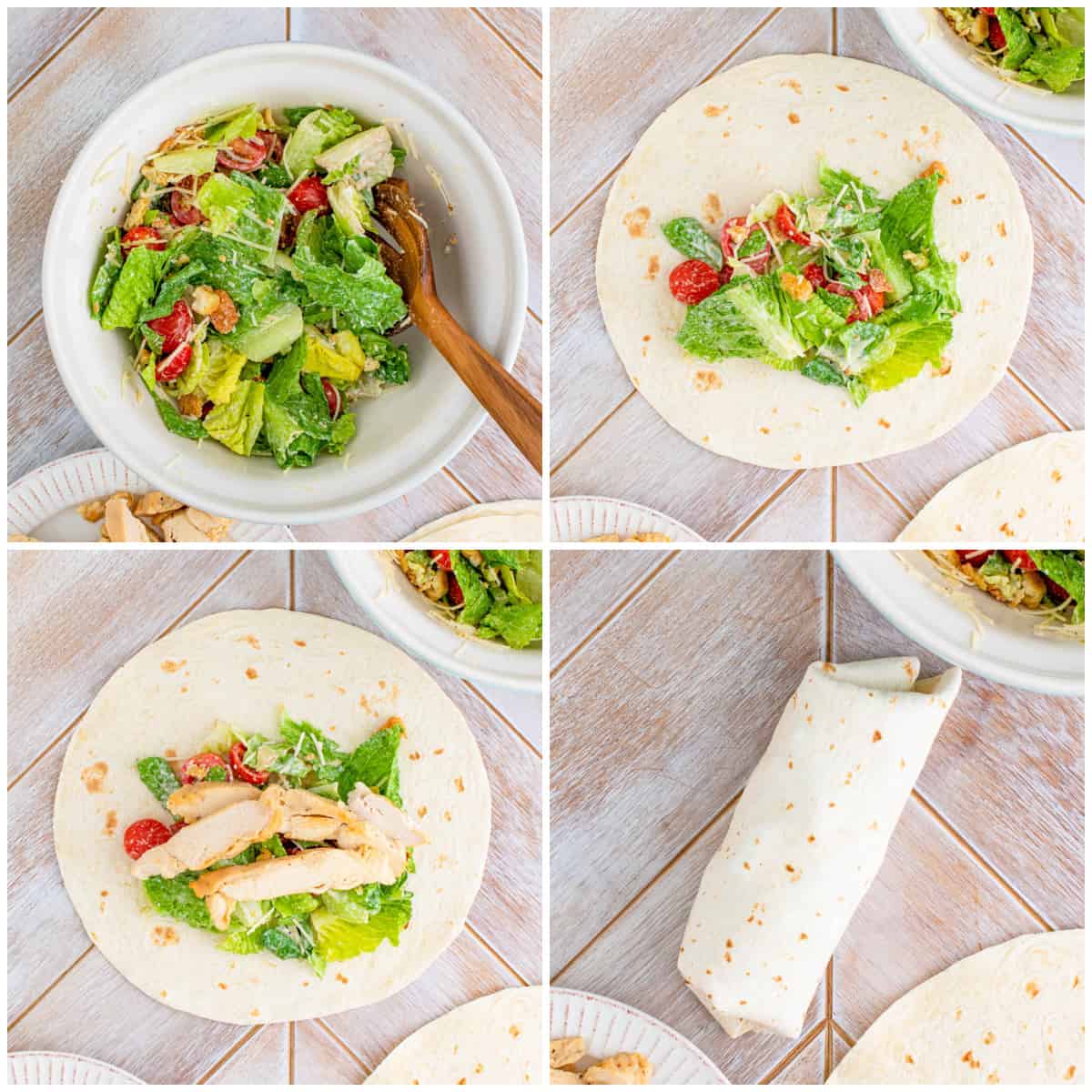 Step by step photos on how to make Chicken Caesar Wraps.