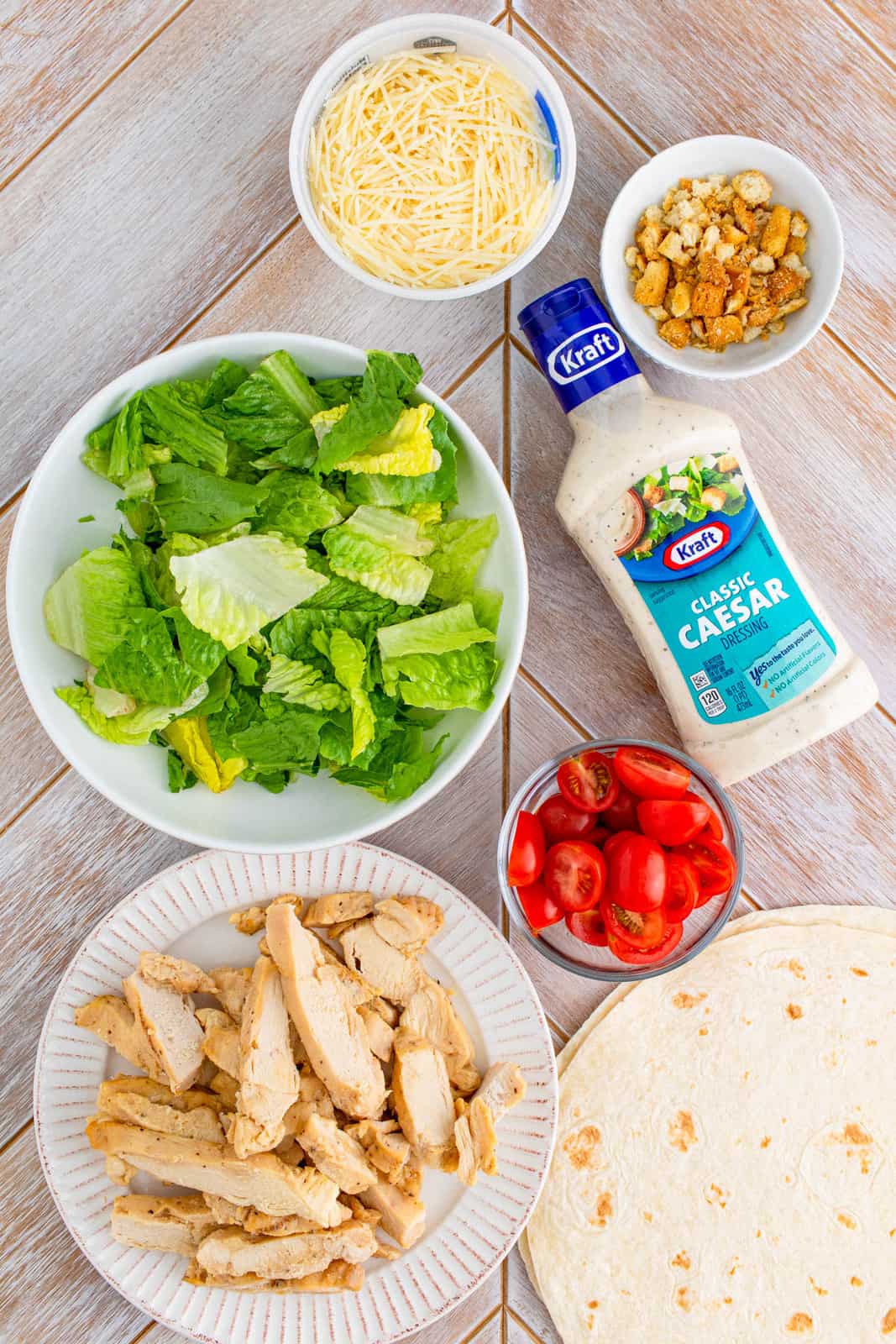 Ingredients needed to make Chicken Caesar Wraps.