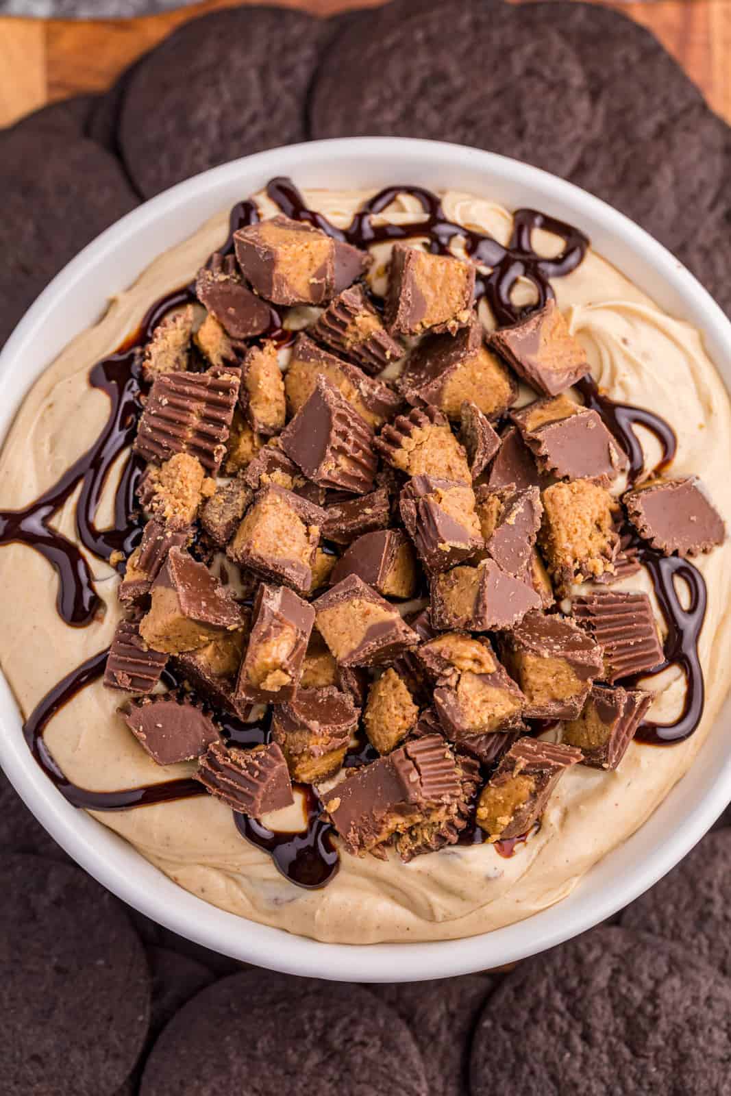 Overhead of garnished Reese's Cheesecake Dip.