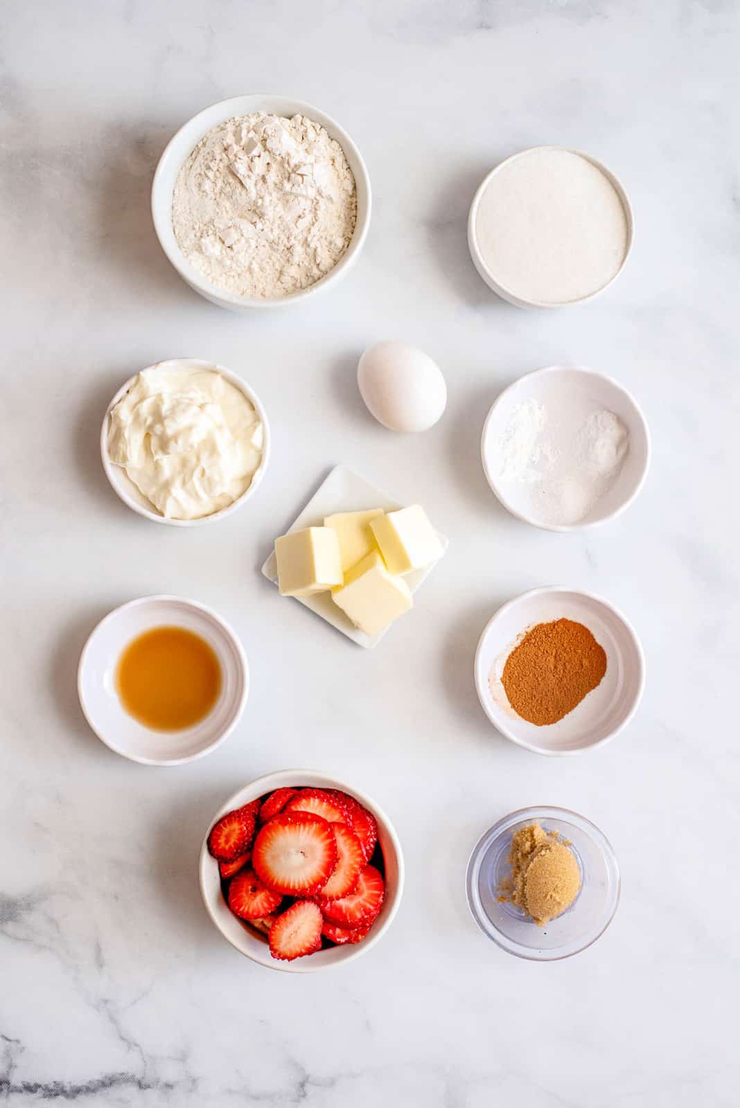 Ingredients needed to make a Strawberry Coffee Cake.