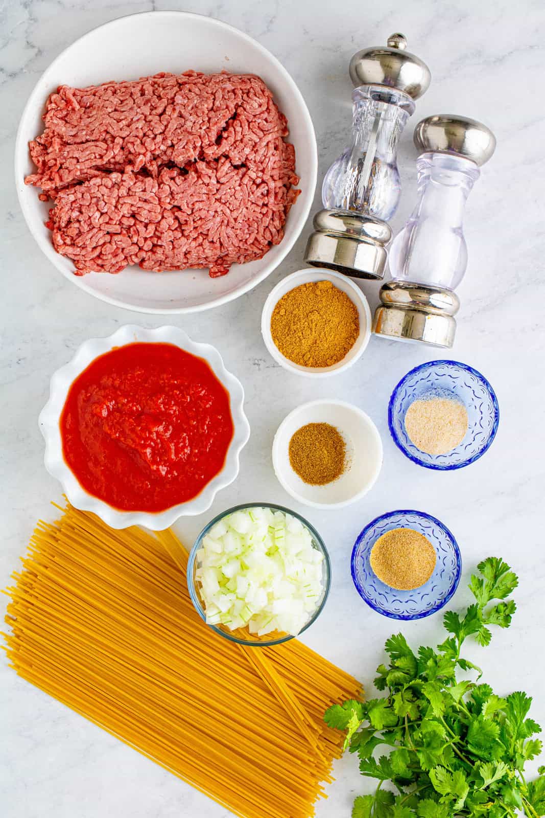 Ingredients needed to make Taco Spaghetti.