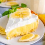 Square image of one slice of pie garnished with banana slices.