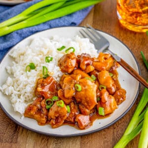Square image of chicken on plate with rice garnished with green onions.