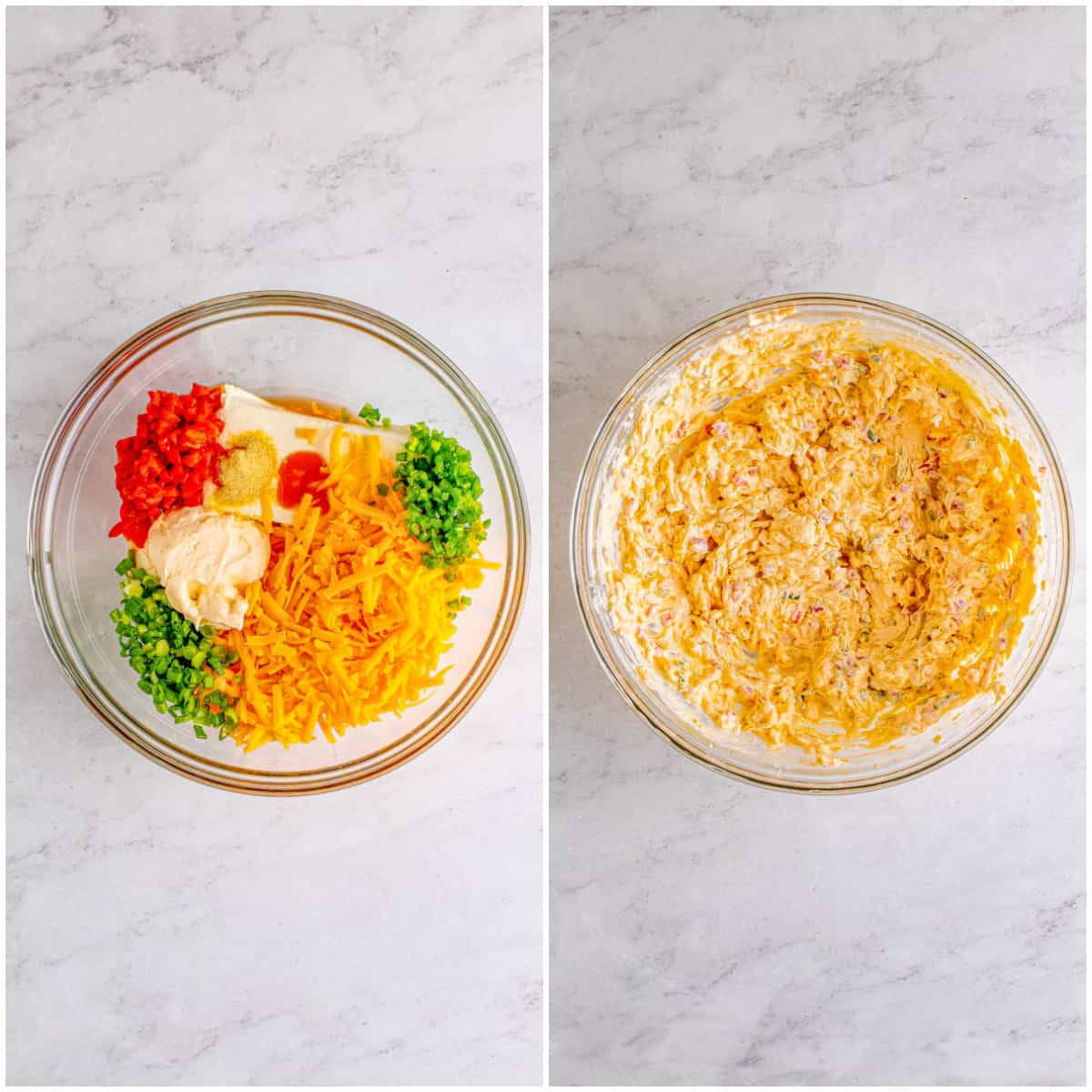 Step by step photos on how to make Pimento Cheese.