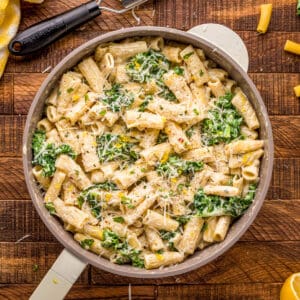 Square image of finished pasta overhead in pan.