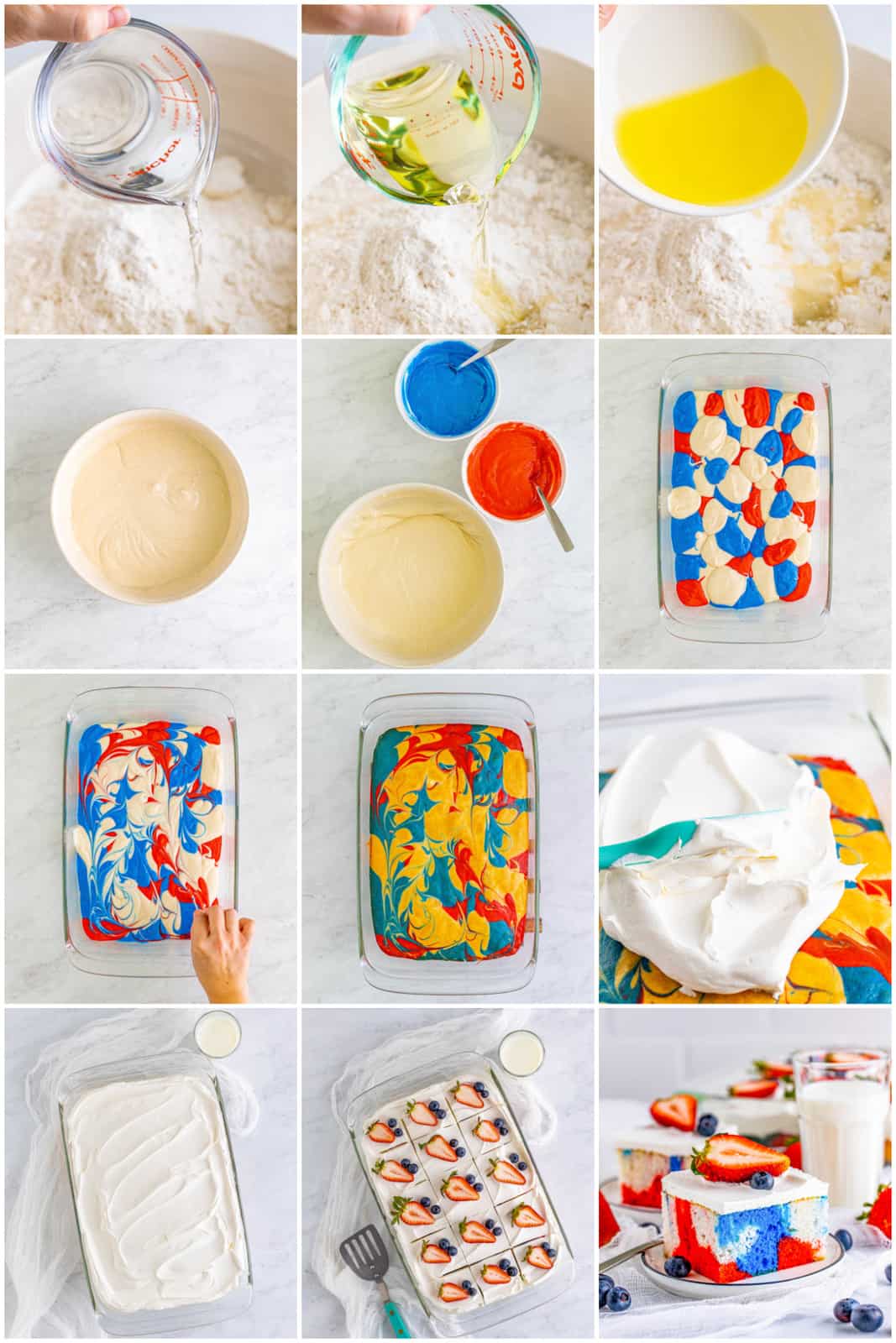 Step by step photos on how to make a Tie Dye 4th of July Cake.