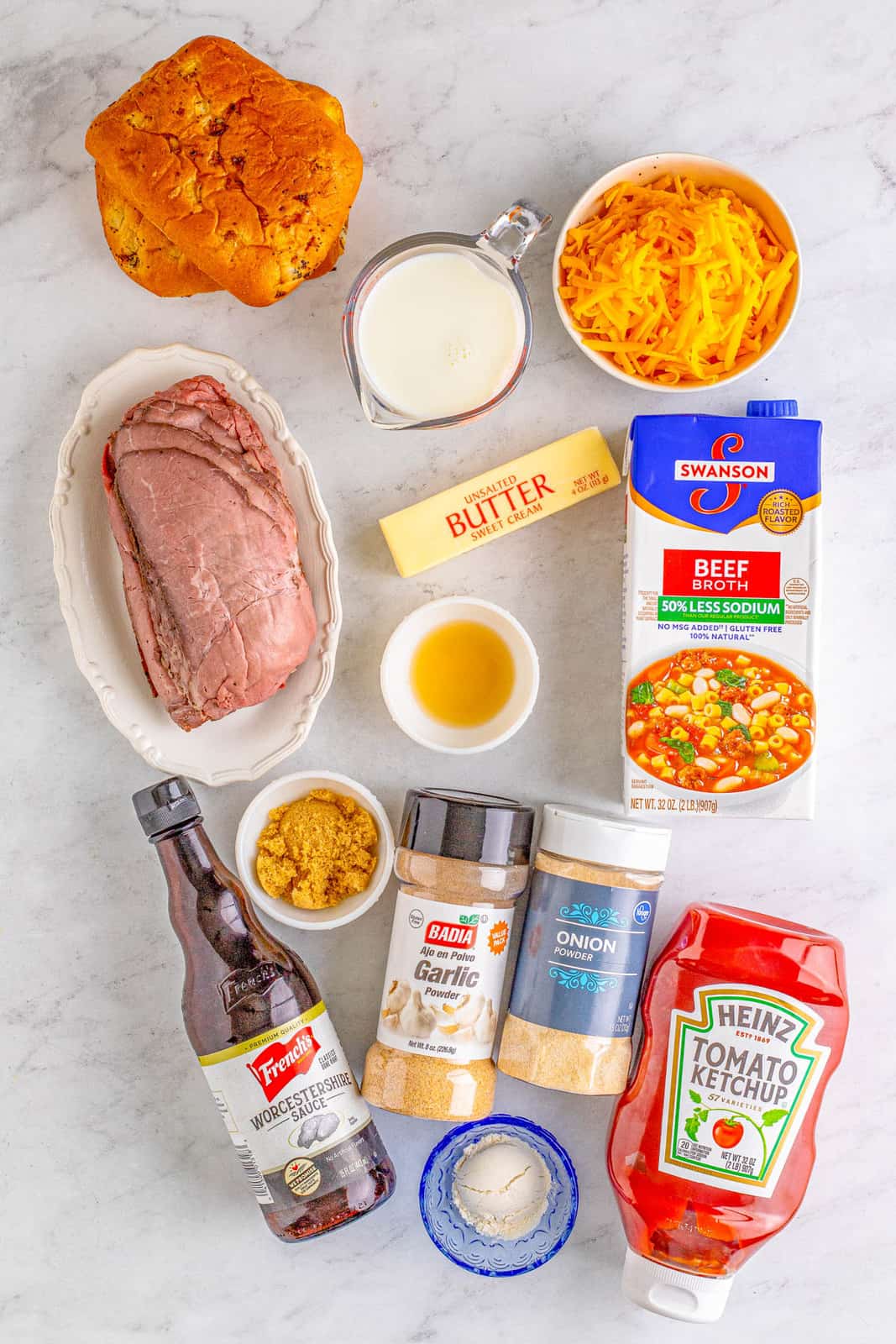 Ingredients needed to make a Copycat Arby's Roast Beef and Cheddar.