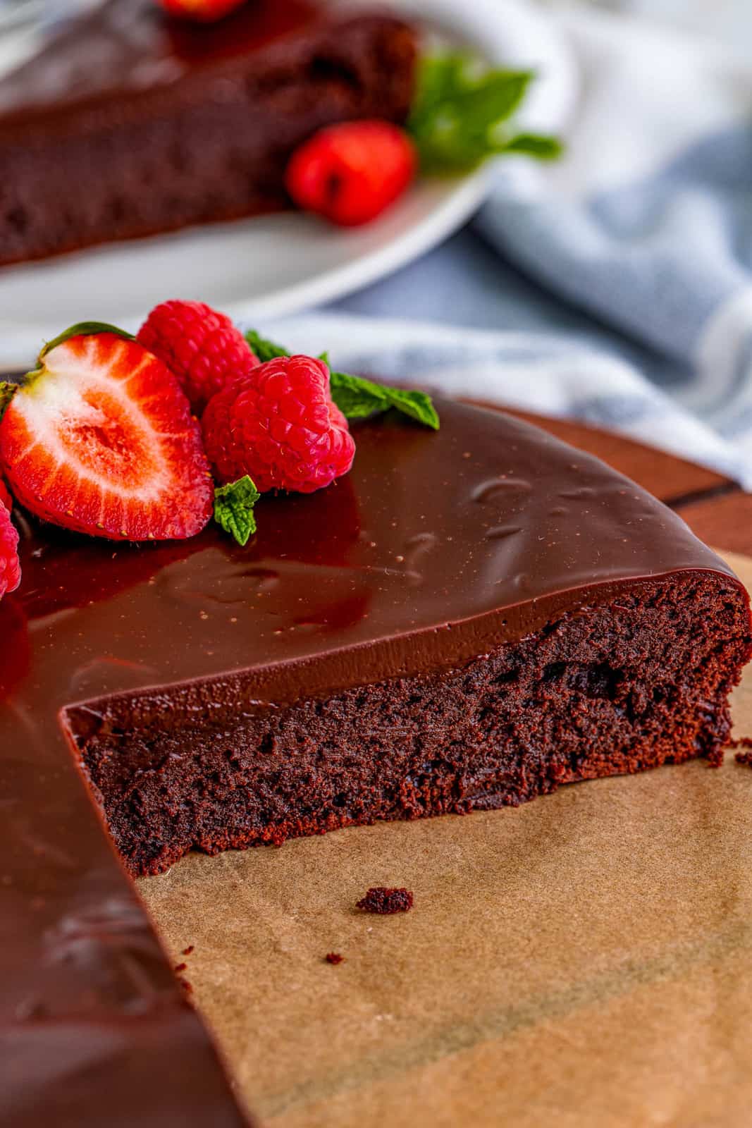 Flourless Chocolate Cake cut showing inside of cake.