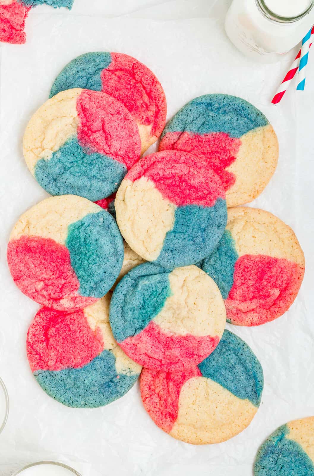Overhead of layered Red White & Blue Cookies on top of one another.