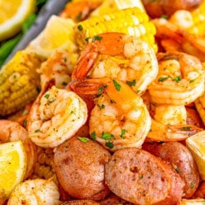 Close up square image of all the ingredients in a Shrimp Boil Recipe.