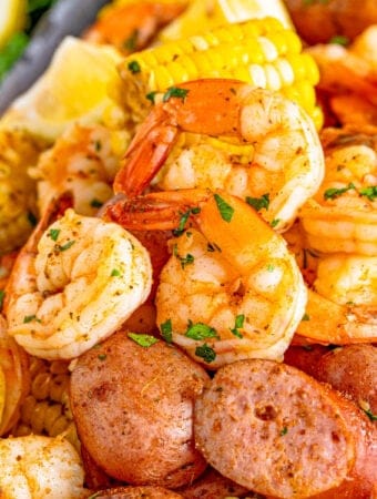 Close up square image of all the ingredients in a Shrimp Boil Recipe.