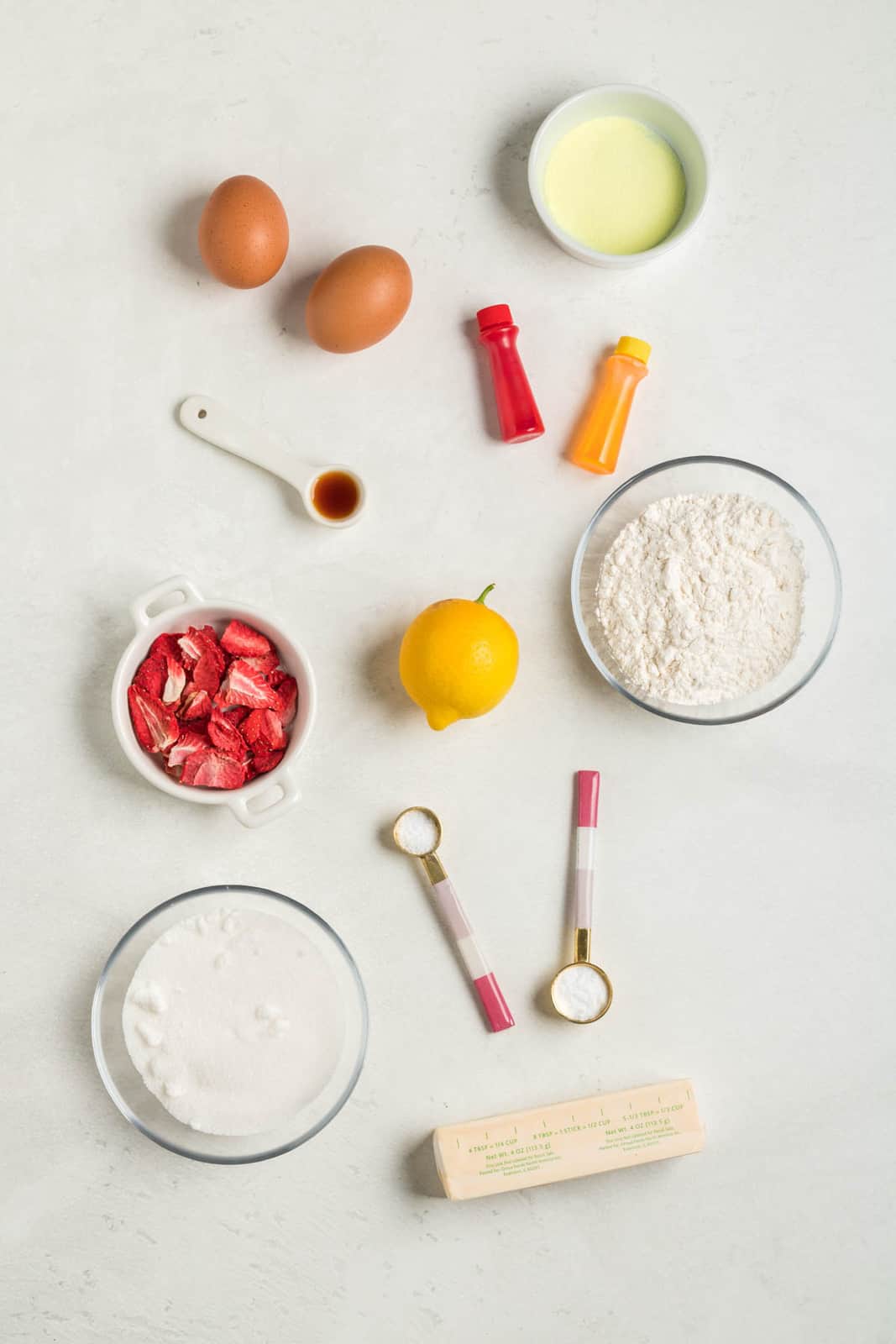 Ingredients needed to make Strawberry Lemonade Cookies.