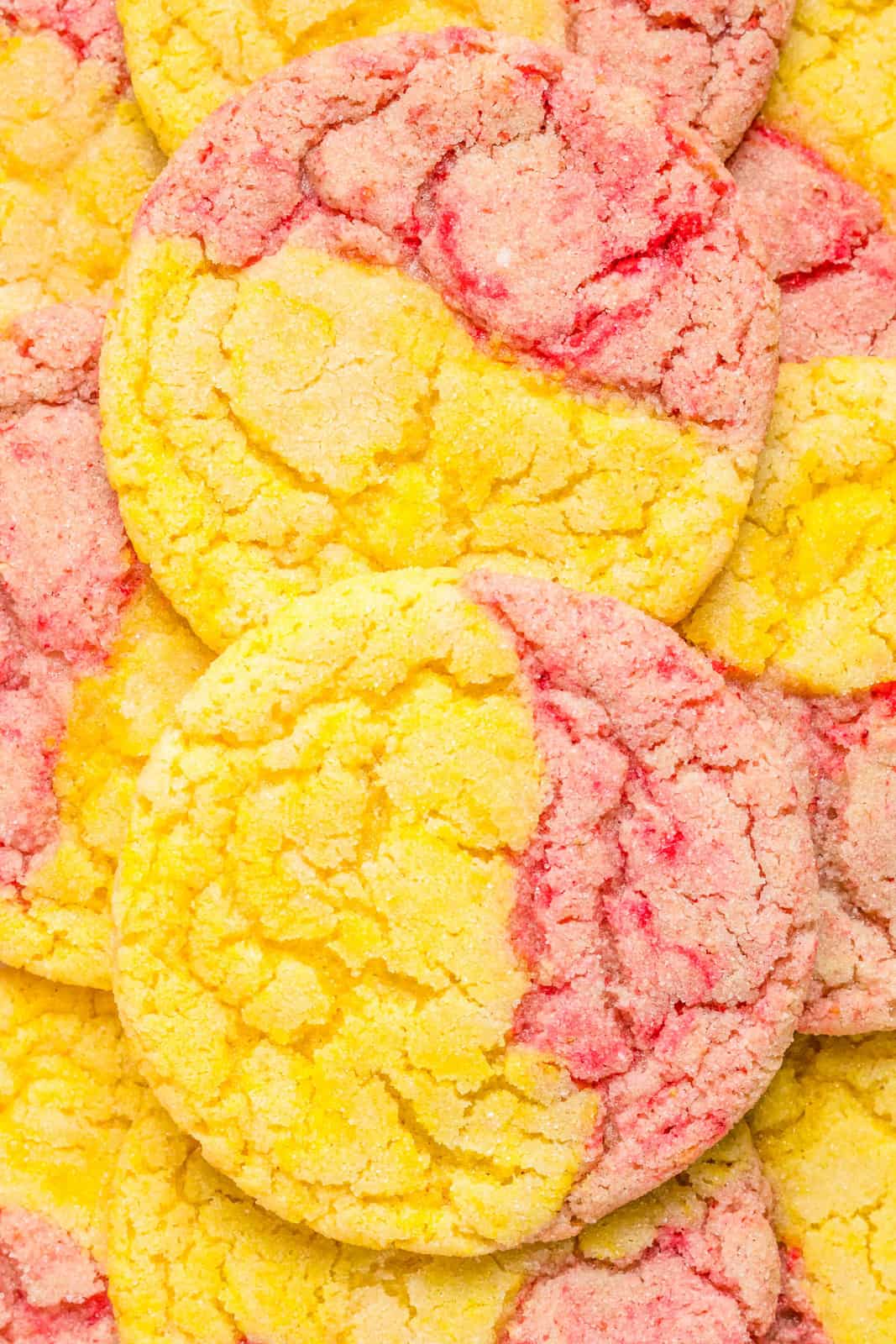 Close up of stacked Strawberry Lemonade Cookies.