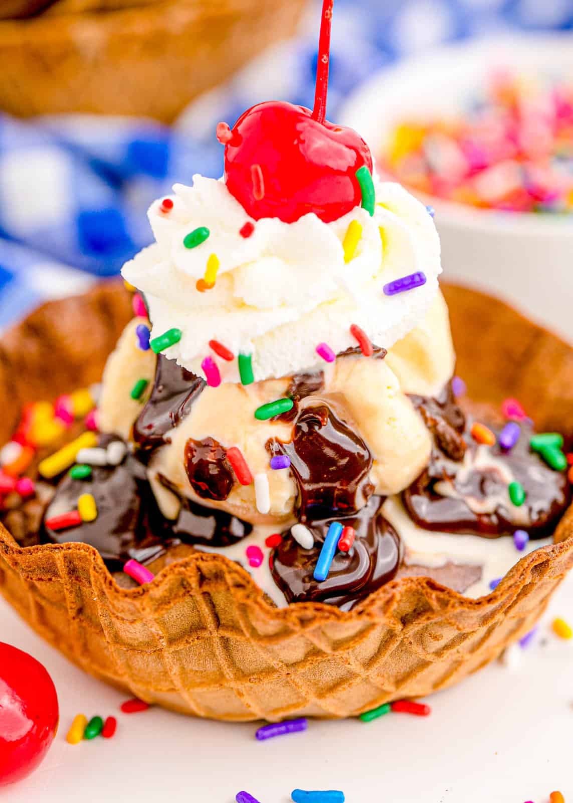 Close up of Brownie Sundae Bowls with toppings.
