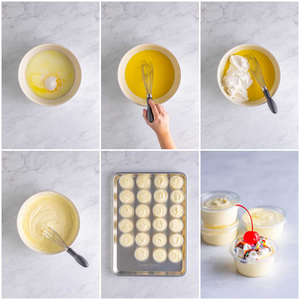 Step by step photos on how to make Banana Split Pudding Shots.
