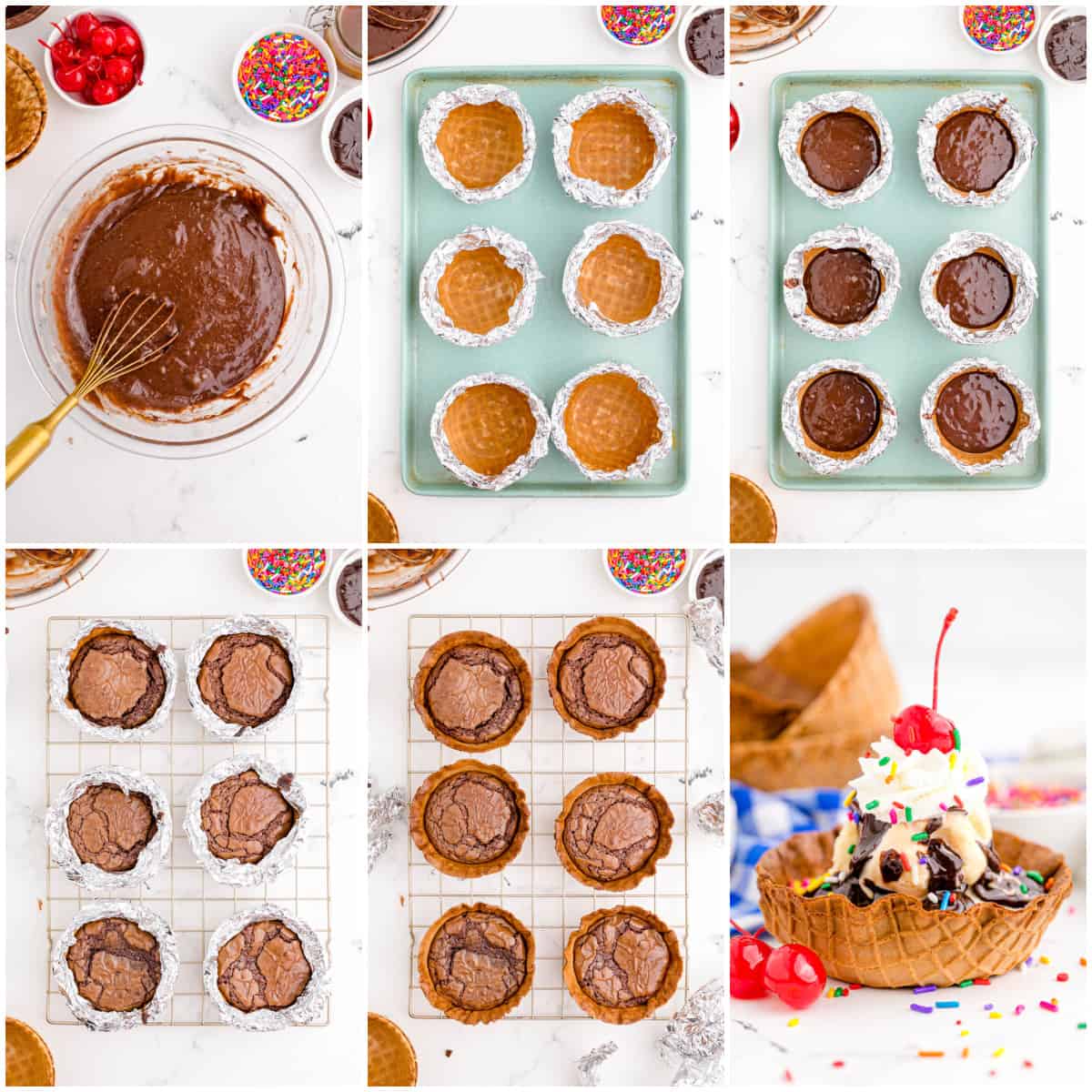 Step by step photos on how to make Brownie Sundae Bowls.