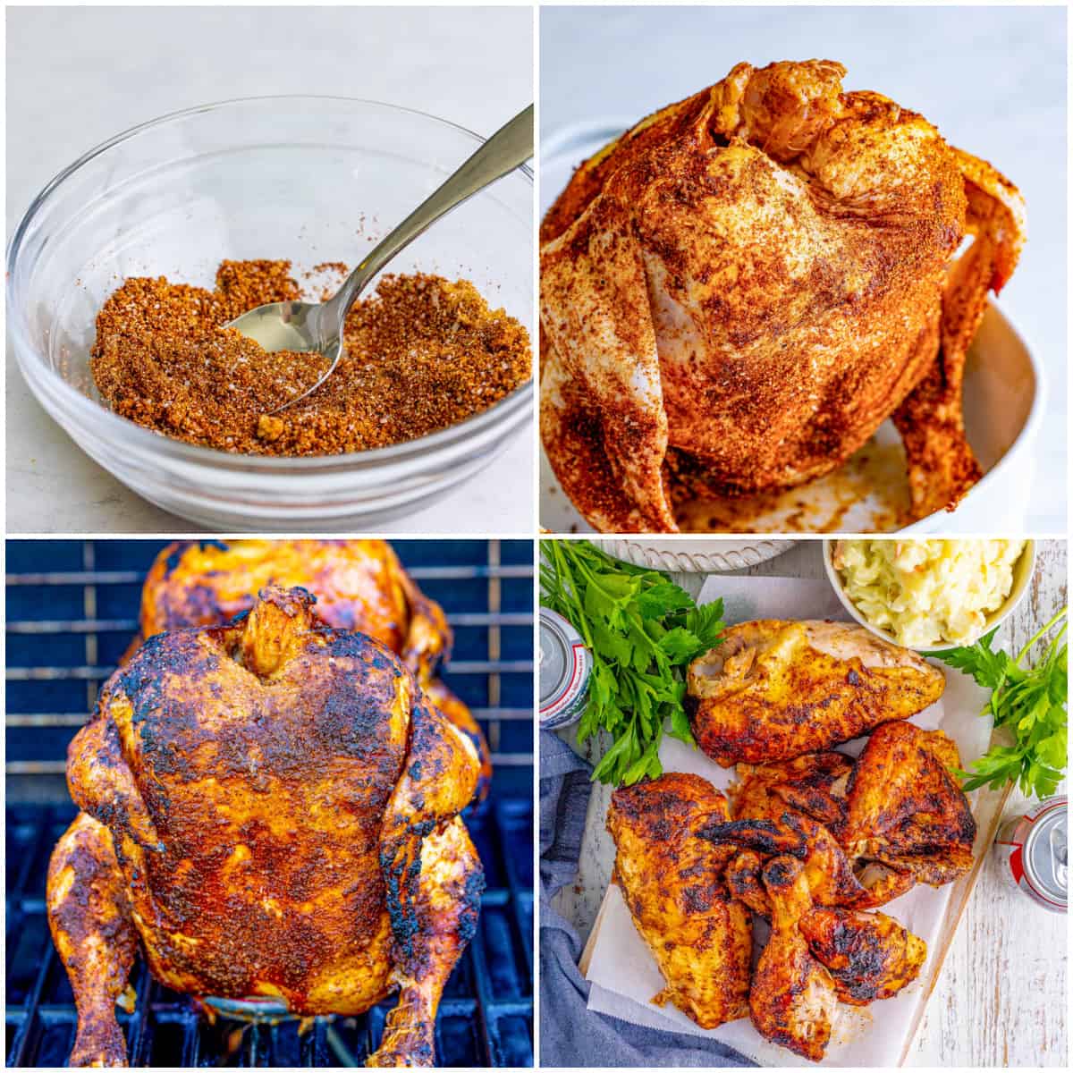 Step by step photos on how to make a Beer Can Chicken.