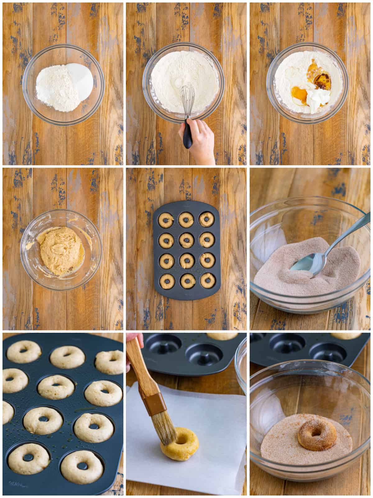 Step by step photos on how to make Cinnamon Sugar Mini Donuts.