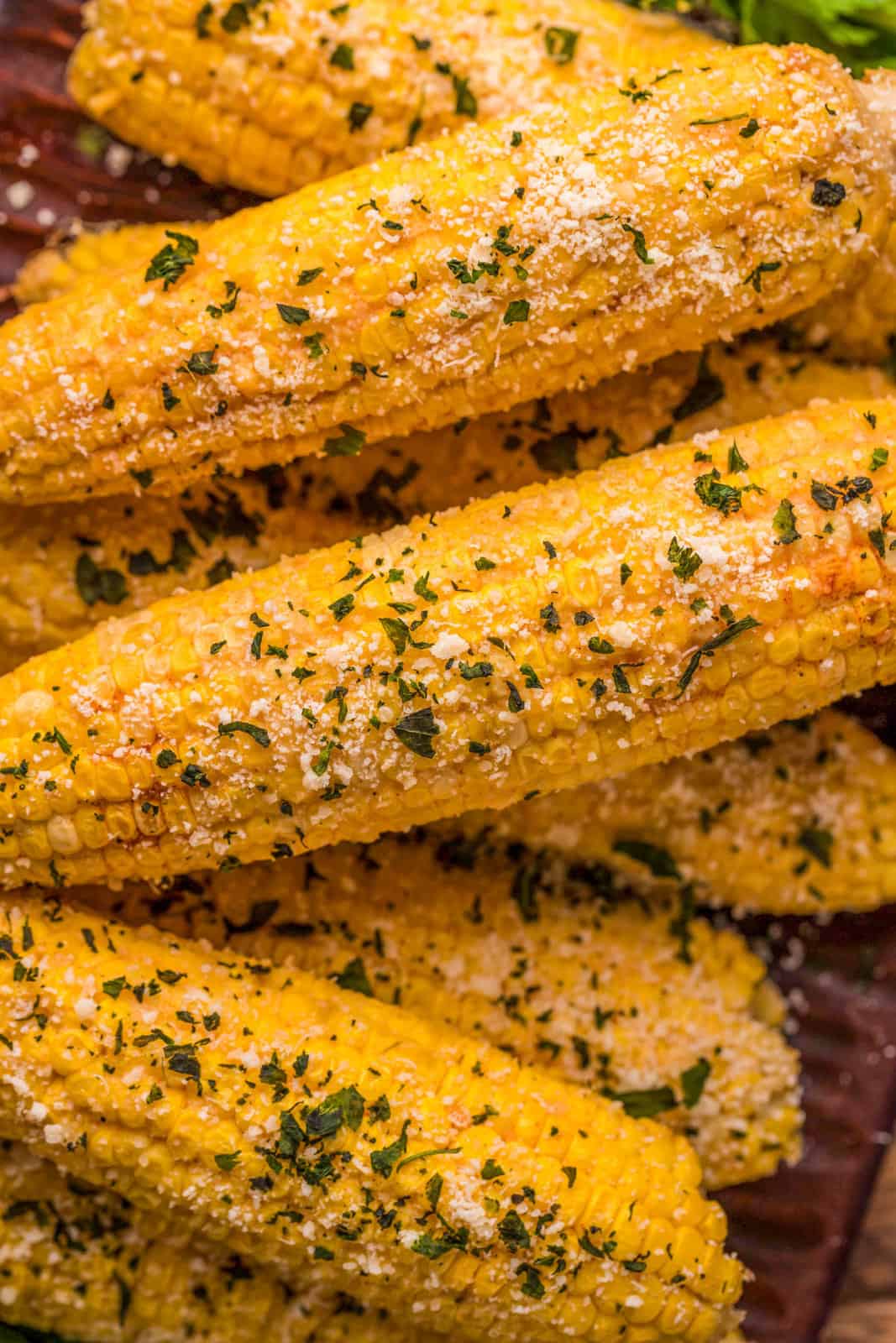 Close up overhead of Smoked Corn on the Cob.