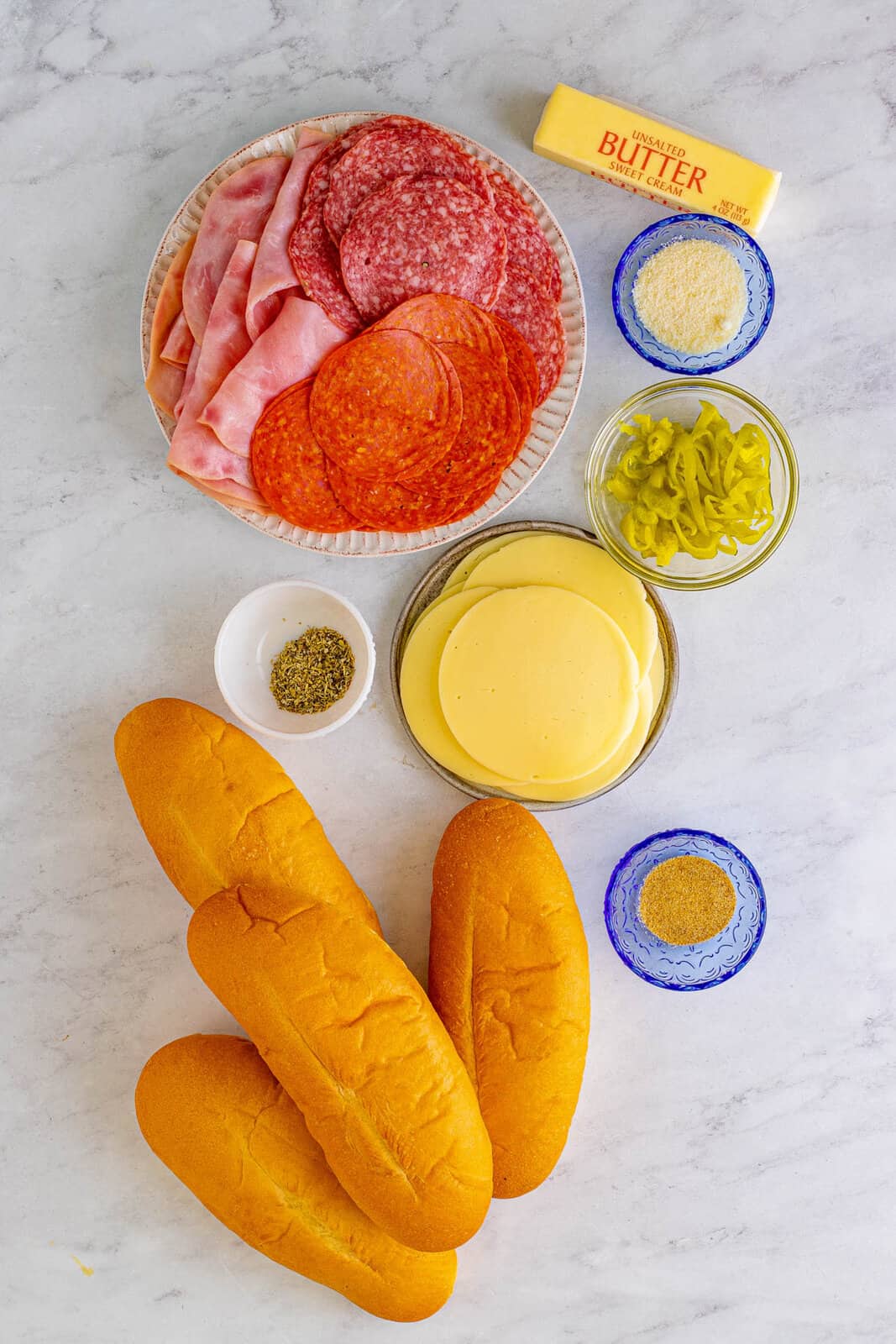 Ingredients needed to make Baked Italian Subs.