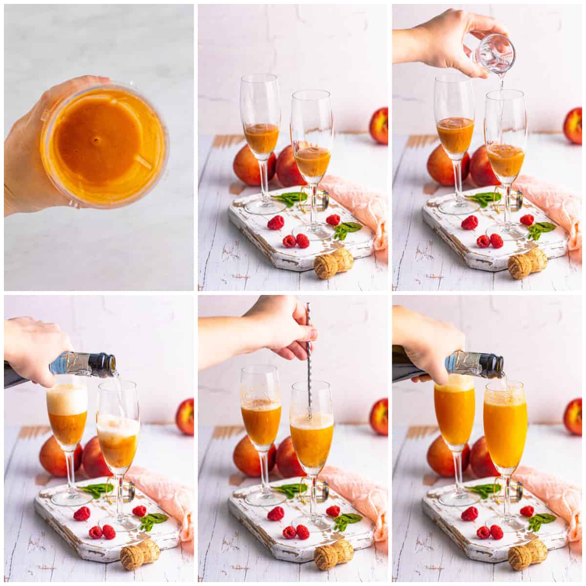 Step by step photos on how to make a Peach Bellini.
