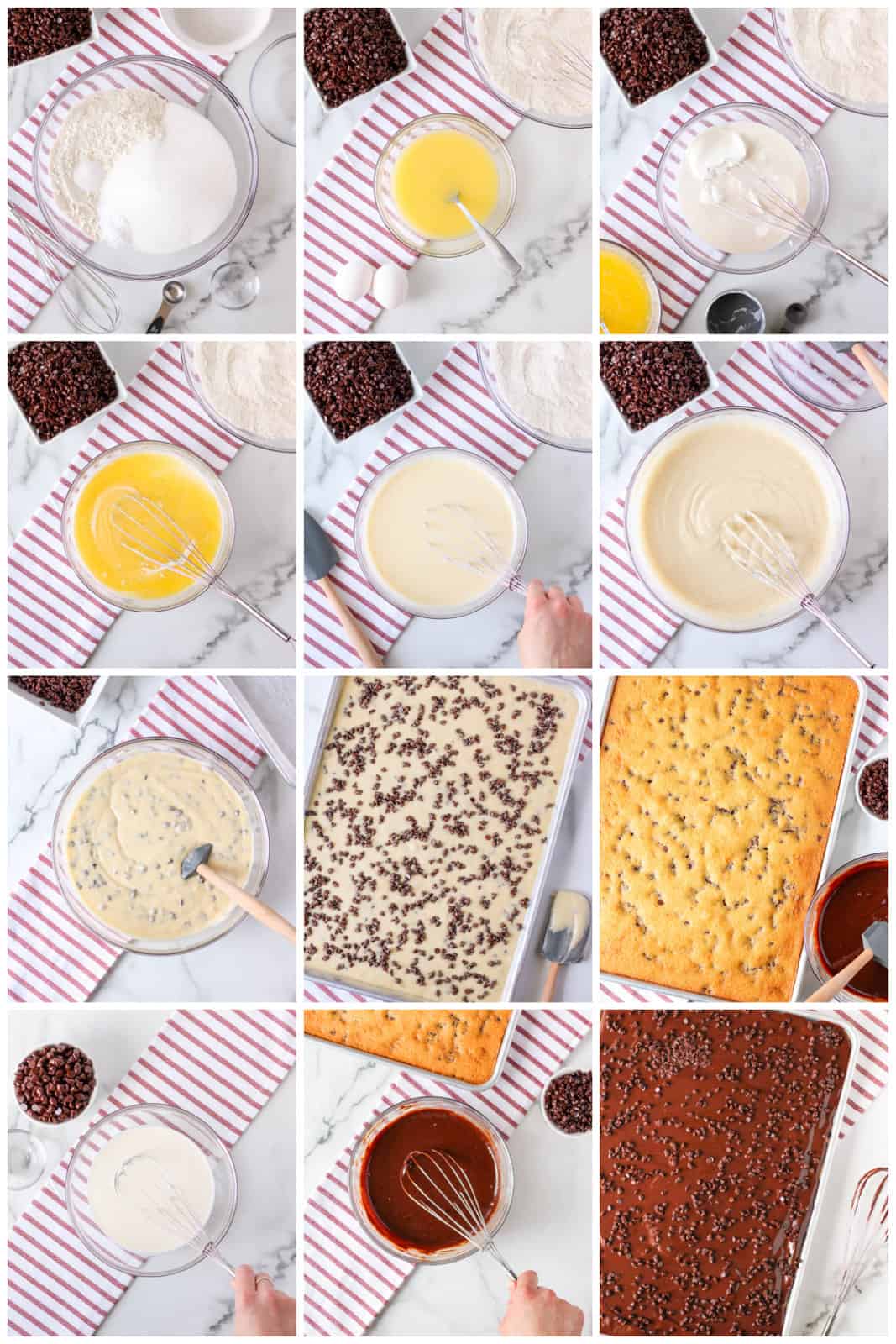 Step by step photos on how to make a Chocolate Chip Cake.