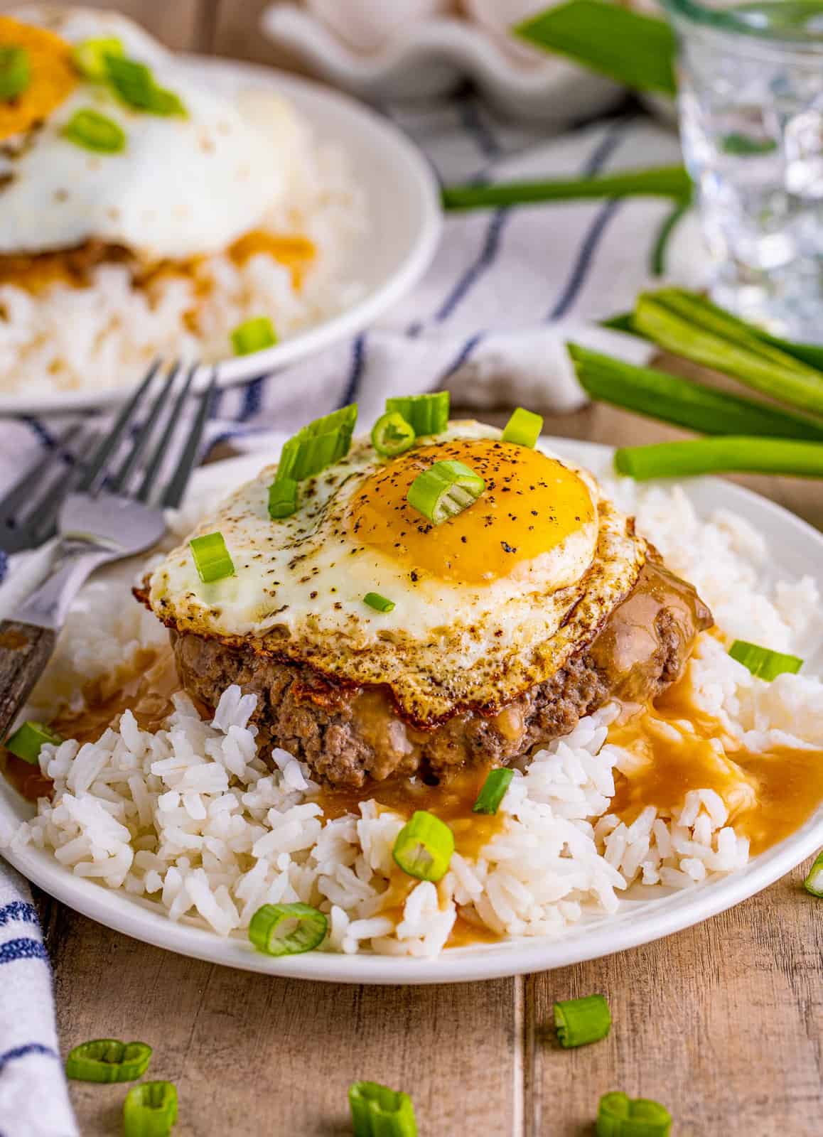 Finished Loco Moco Recipe one plate garnished with green onions.