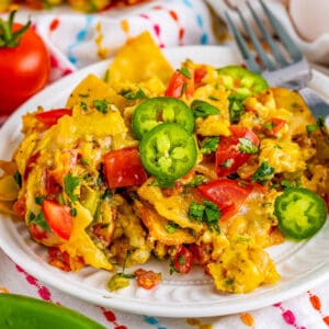 Square image of Migas on plate close up showing ingredients.