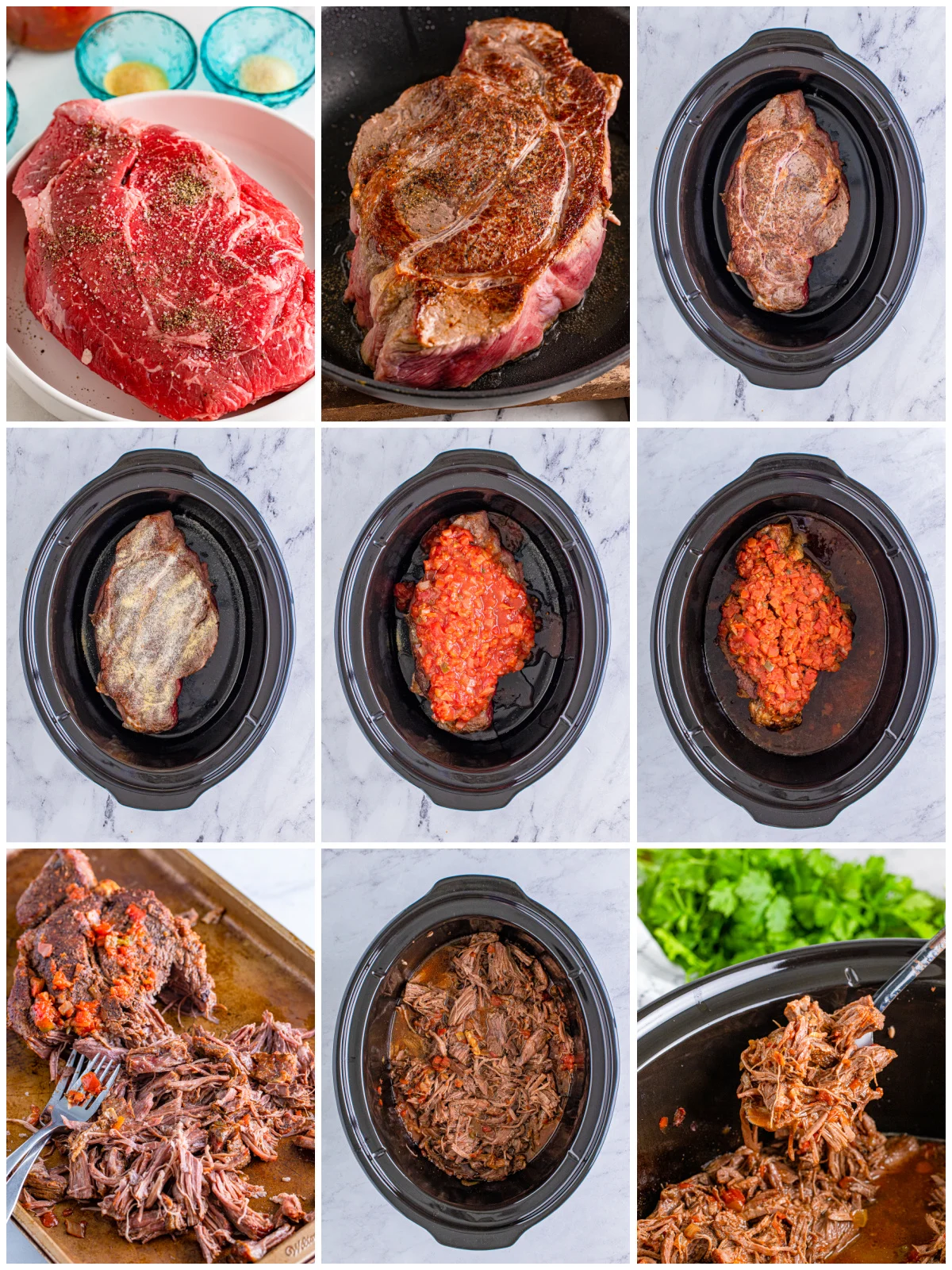 Step by step photos on how to make Slow Cooker Shredded Beef Tacos.
