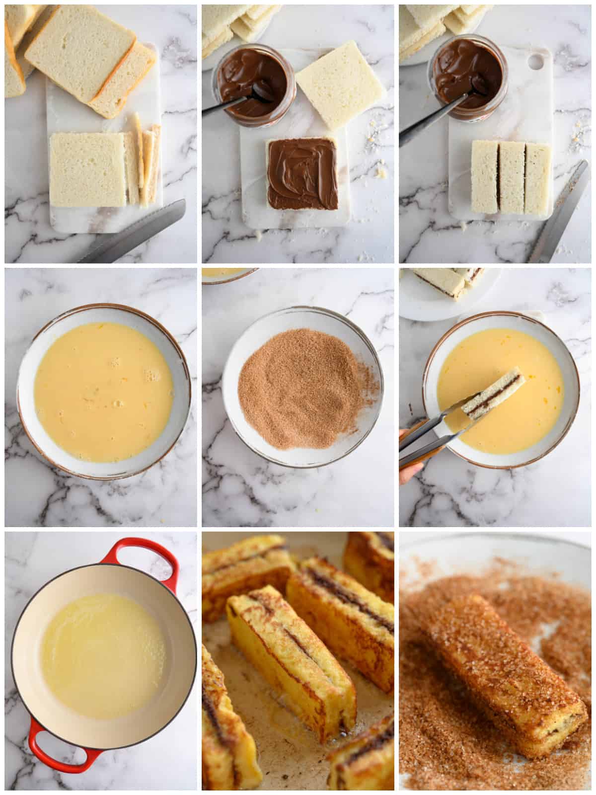 Step by step photos on how to make Nutella French Toast Sticks.